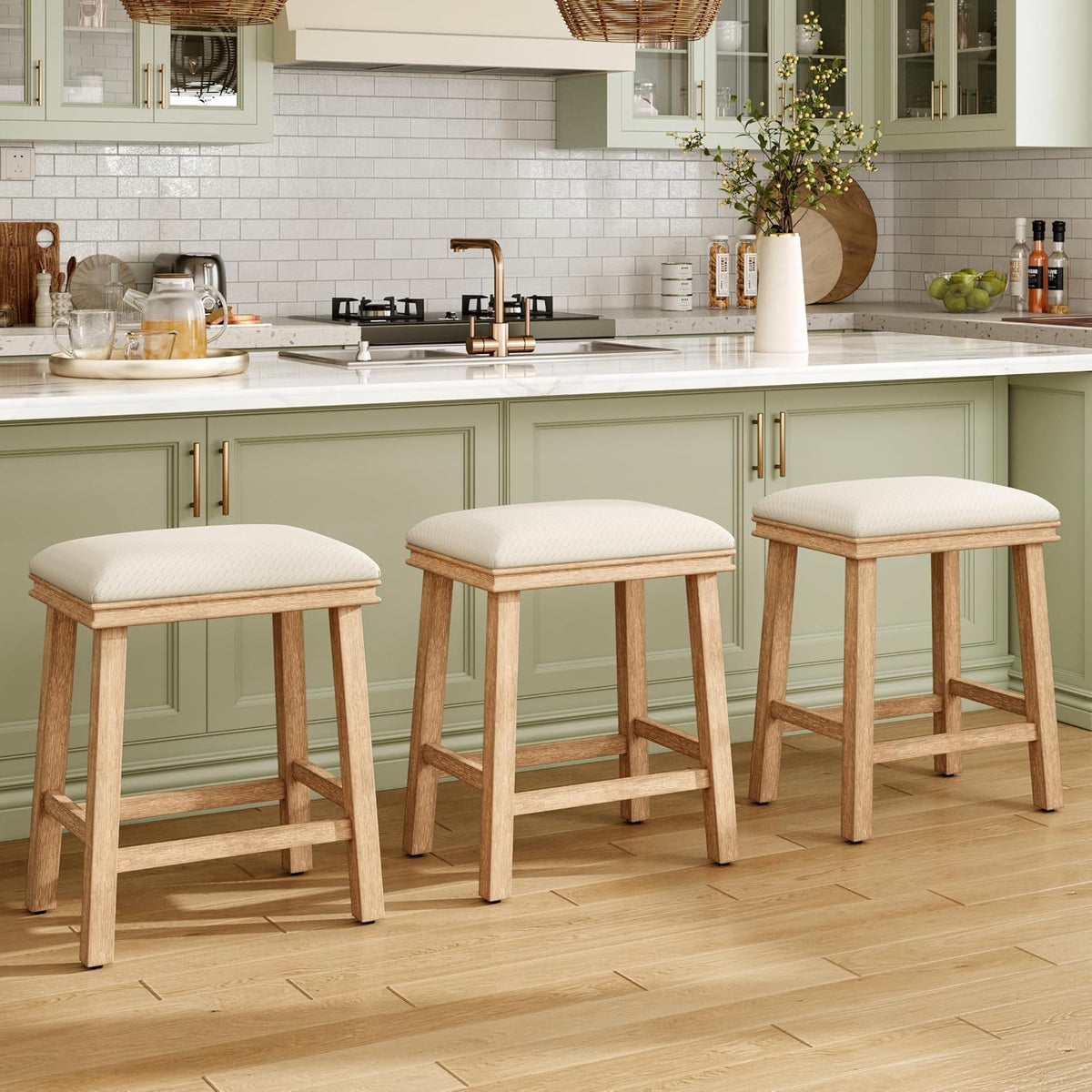 MAISON ARTS White Bar Stools Set of 4, Solid Wood Kitchen Stools