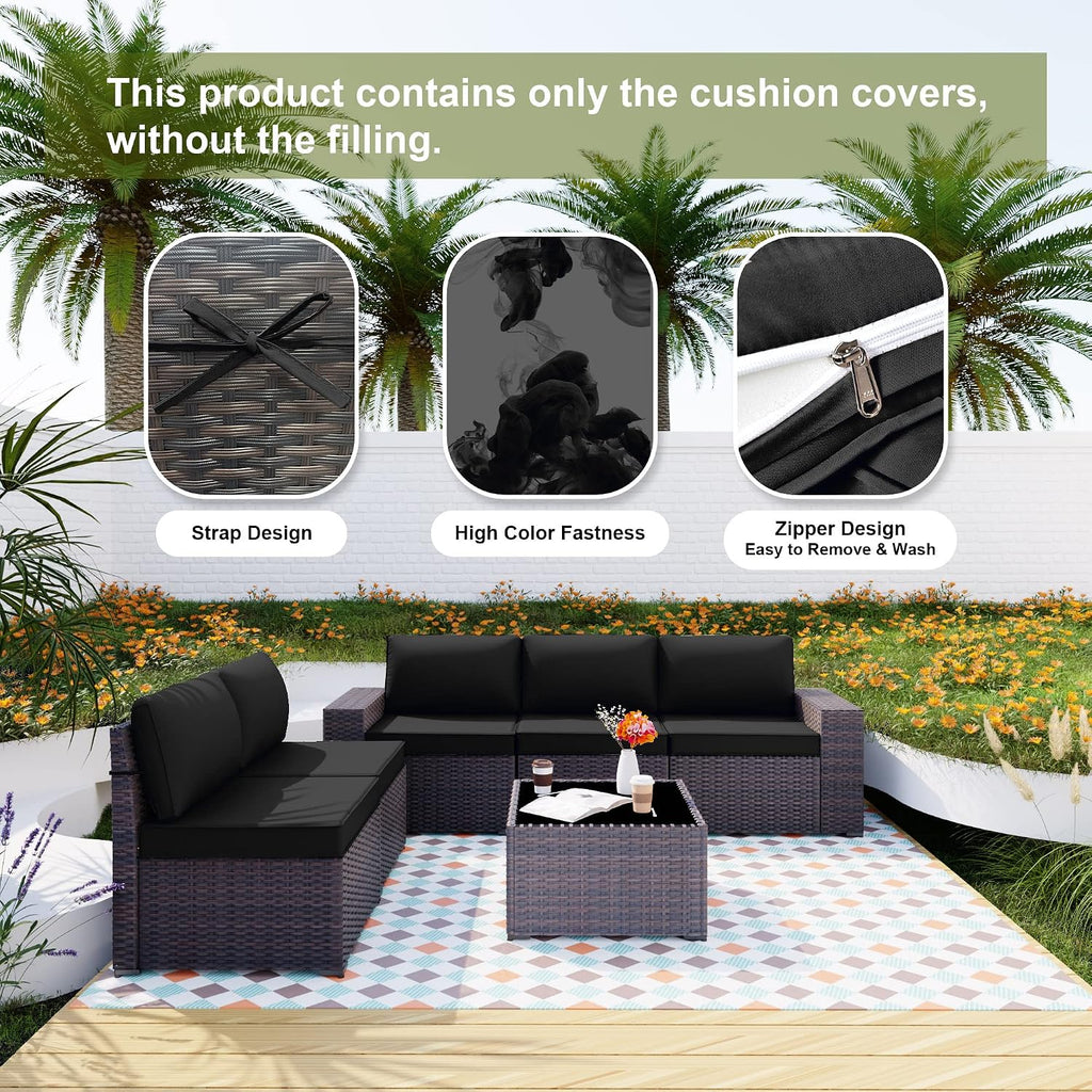 ALAULM 11 Pieces Patio Cushion Covers Replacement, Waterproof & Splashproof Outdoor Furniture Cushion Slipcovers with Zippers, Covers Only (Black,25.6×25.6×4inches