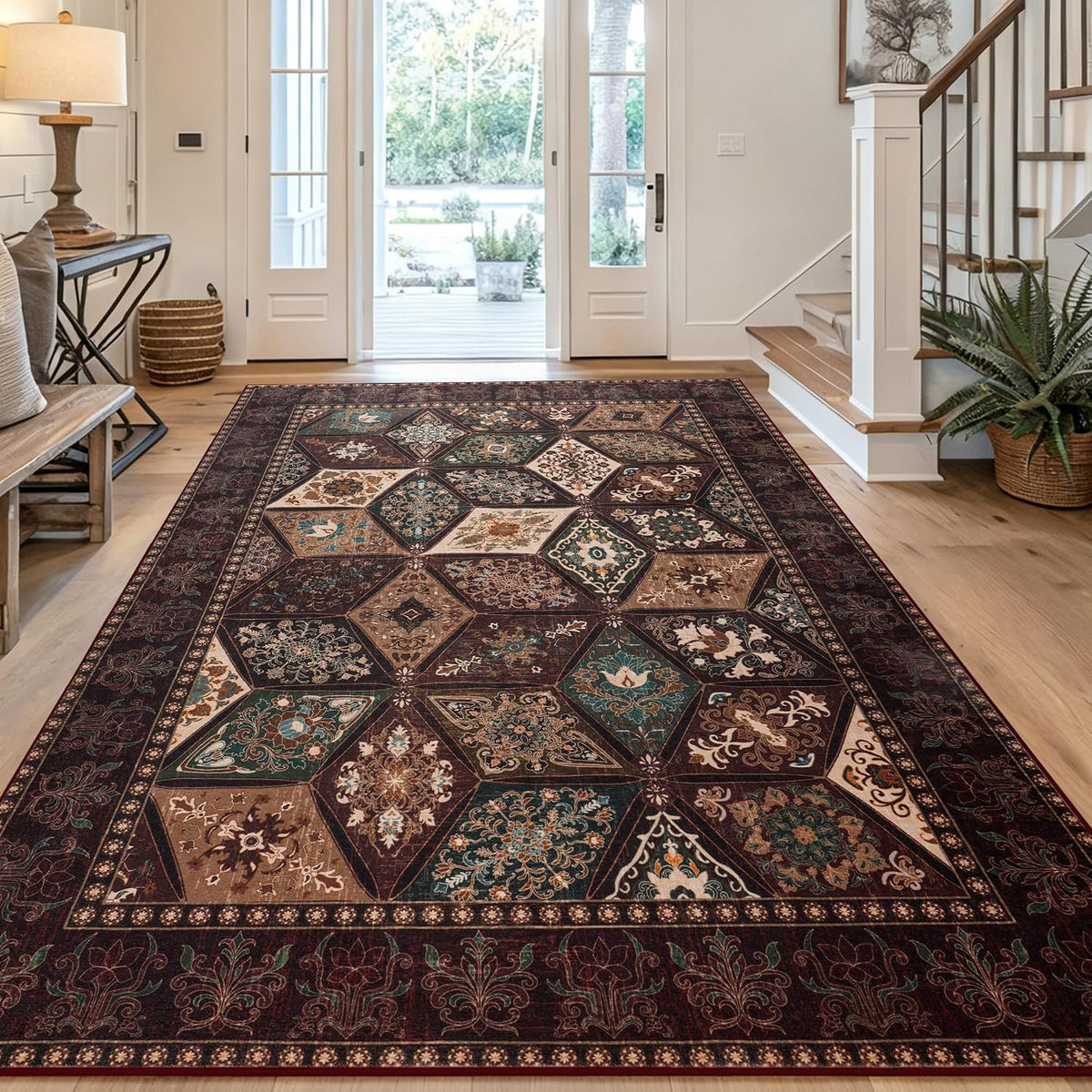 Moroccan Boho Floral Geometric Patchwork Washable 5x8 Large Area Rug