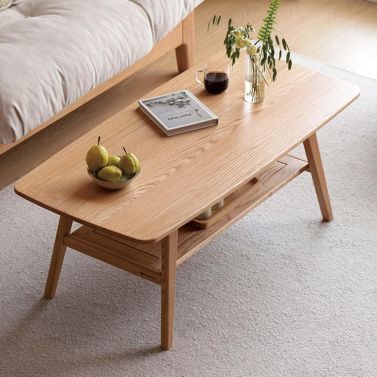 100% Solid Wood Coffee Table for Living Room, 47.24" Mid Century Modern Tables with Shelf Storage, 2-Tier Coffee Table with Rounded Corners (Oak Wood Log Color)