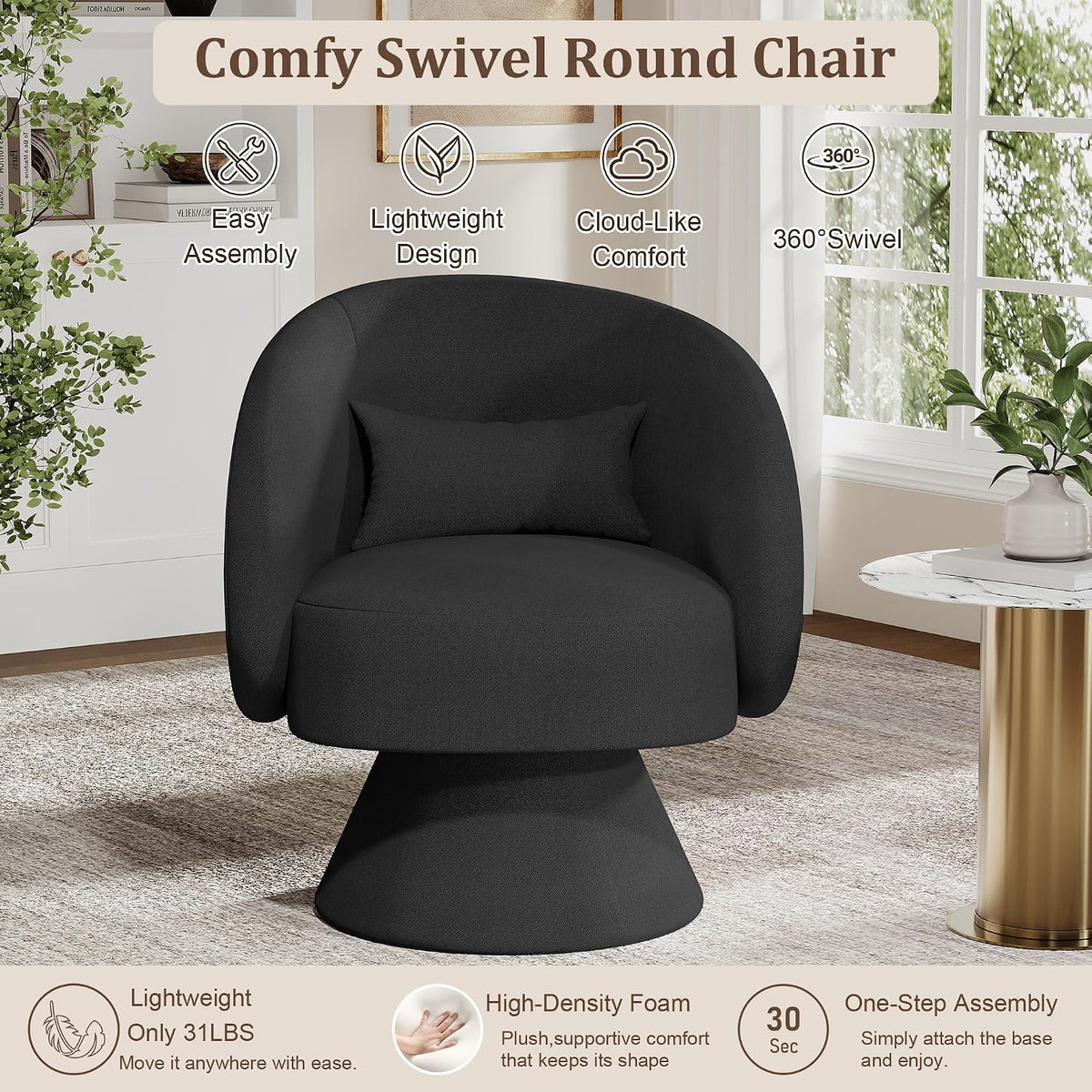Swivel Barrel Chair Set , 360 Degree Small Accent Vanity Chair, Linen Black