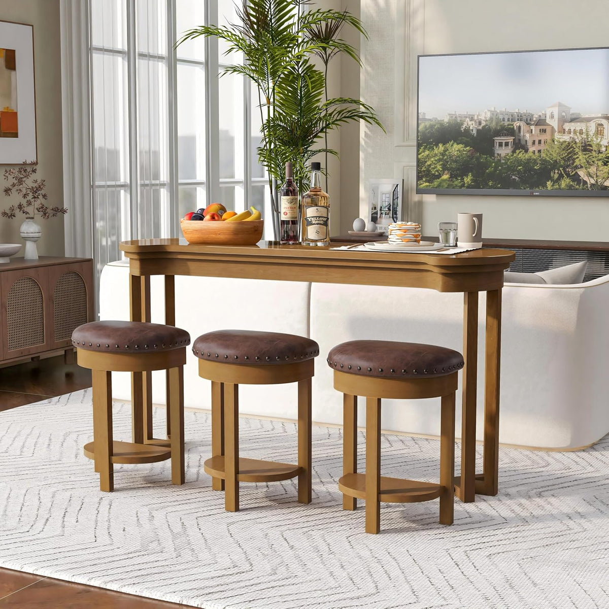 Merax 4 Piece Bar Table Set with 3 PU Upholstered Bar Stools, Solid Wood Counter Height Kitchen Table Set, Breakfast Table with 3 Padded Stools for Living Room, Dining Room, Natural