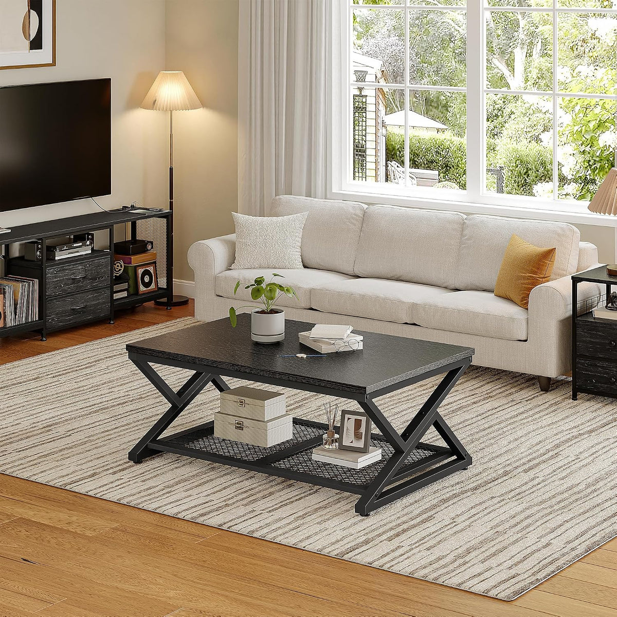 EnHomee Coffee Table with Storage & Shelf for Living Room, Black Oak