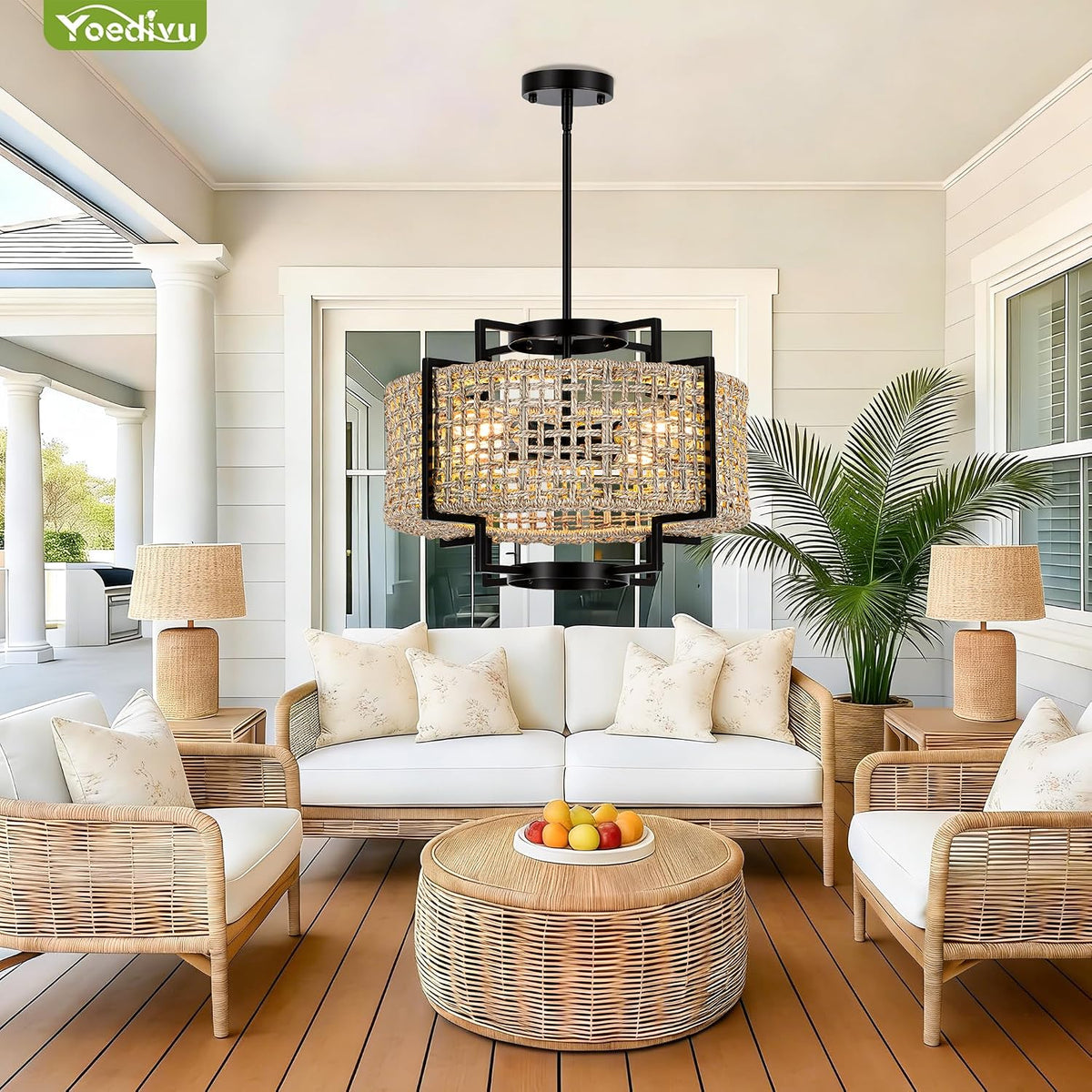 18" rattan chandelier, 4-light boho pendant light for, front angle view