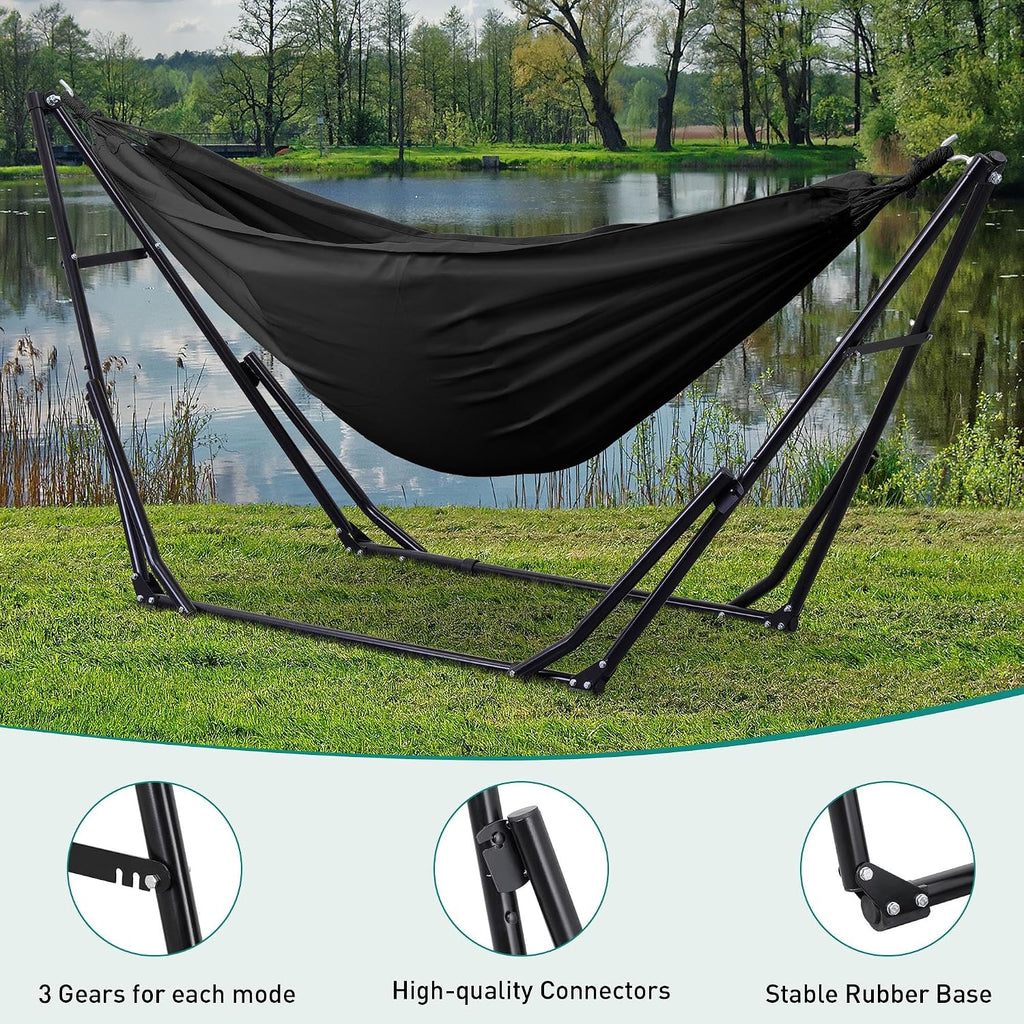 Ainfox Hammock with Foldable Stand, 2 in 1 Hammock and Swinging Chair with Carrying Bag, Portable Camping Chair Suitable for Outside, Swing,Patio,Garden,Camping Trip Black