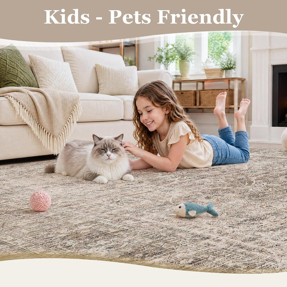 FMFUNCTEX 9x12 Washable Taupe Vintage Distressed Area Rug for Living Room