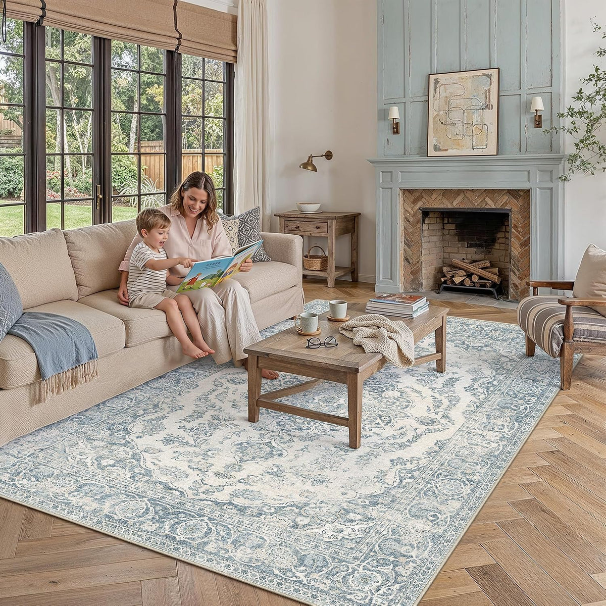 PureCozy Blue 8x10 Area Rug Washable Vintage Distressed