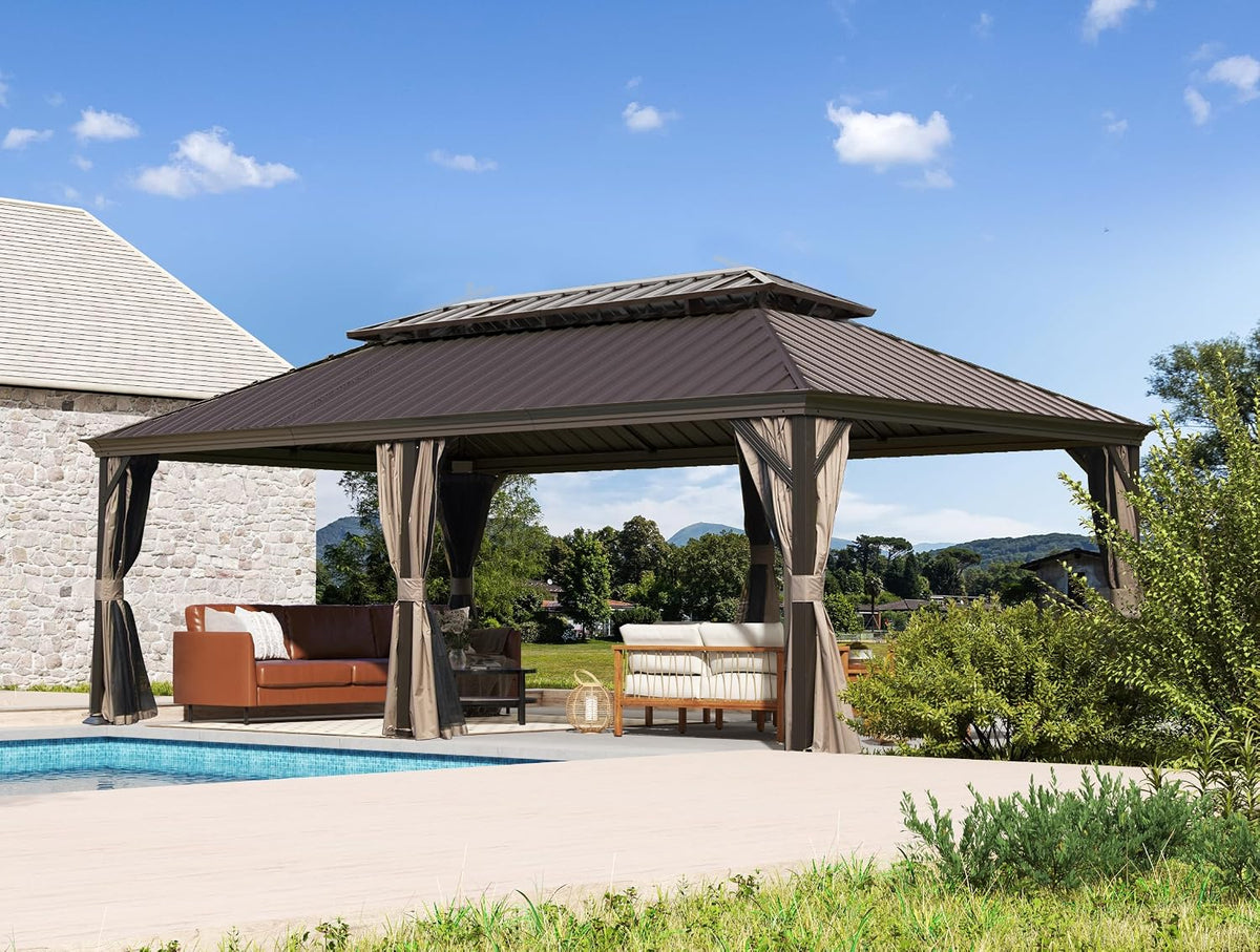 Domi 12'X18' Gazebo, Hardtop Gazebo for Patio with Drainage System, Brown