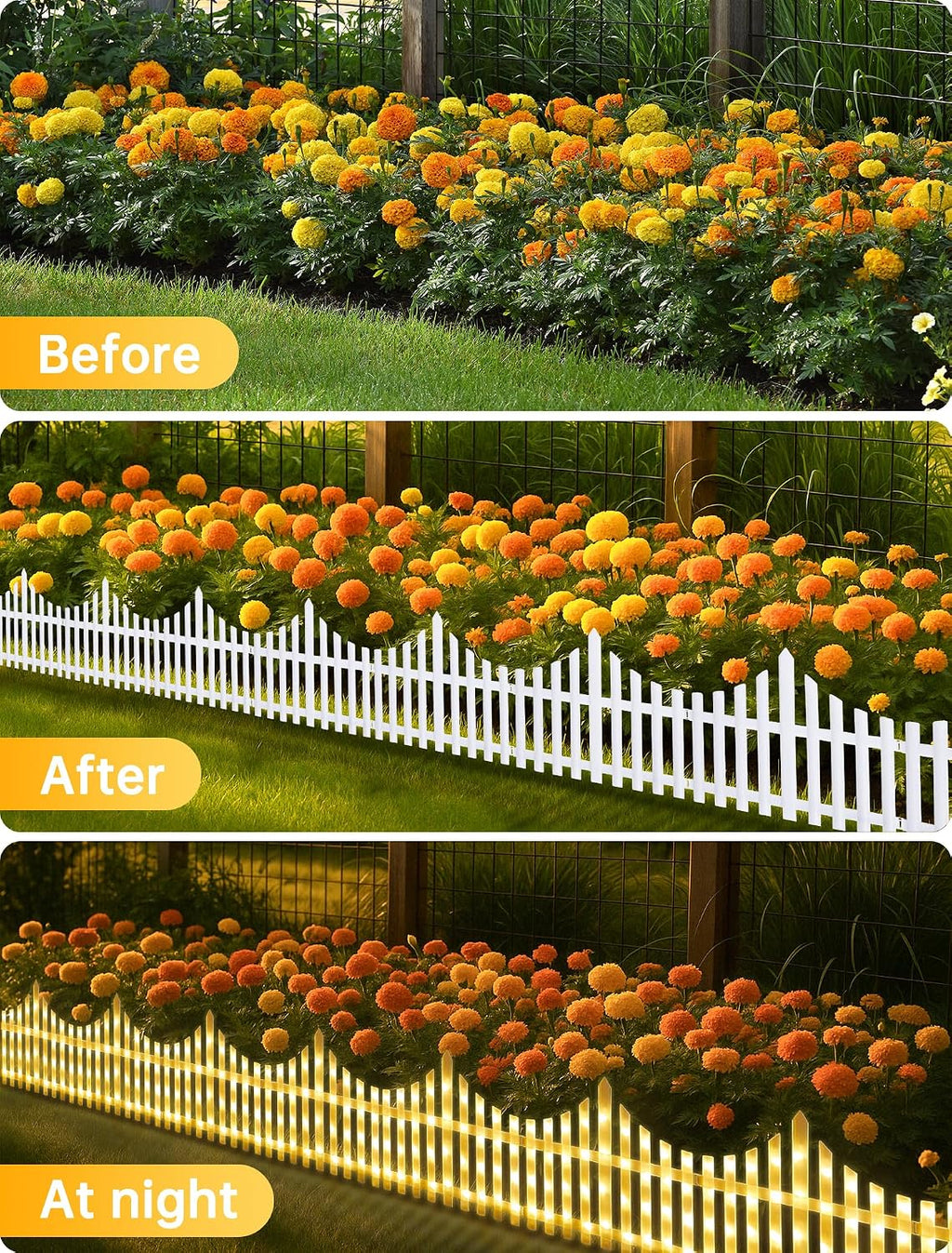 Hopolon 8 Pack Lighted Garden Fence, 11.1in (H) X 9.1ft (L) Warm White