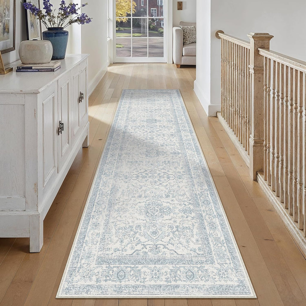 HUGEAR 3x8 Light Blue Vintage Floral Washable Runner Rug for Hallway