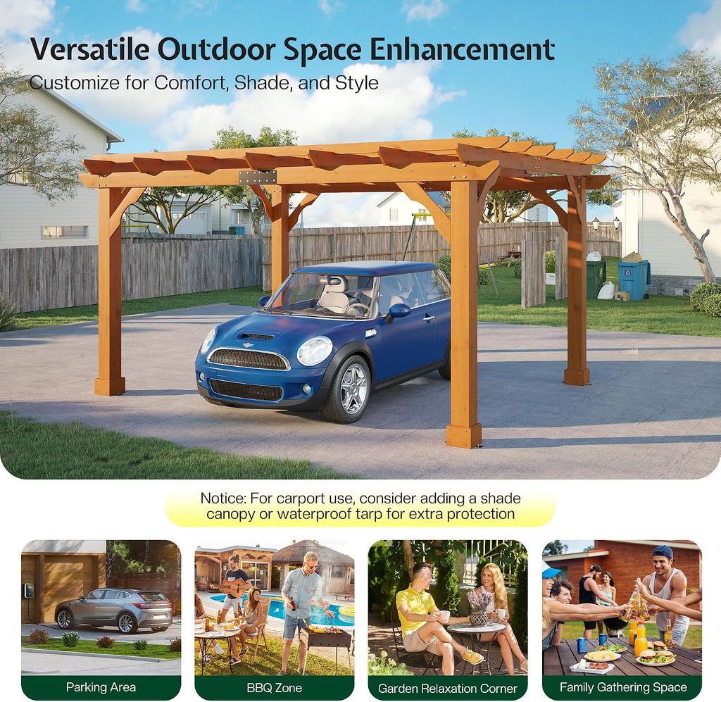 Jocisland 10x12 FT Premium Cedar Wood Pergola with Trellis Roof & Stakes