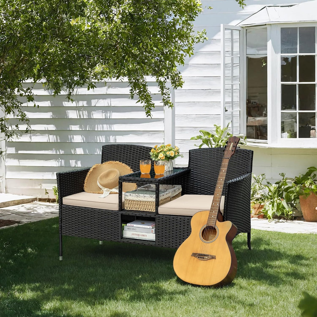 Greesum Patio Loveseat Outdoor Wicker Furniture Conversation Set,Beige