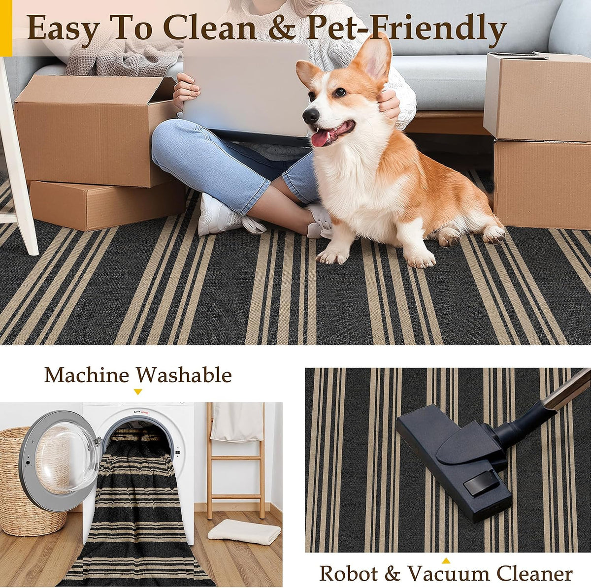PureCozy Outdoor Rug 5x7 Washable Striped Jute Look Non Slip Carpet