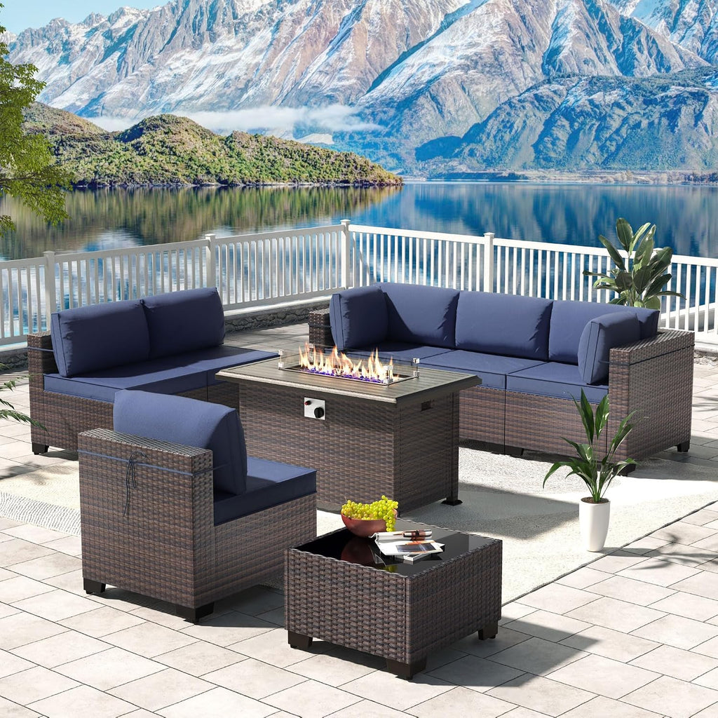 Kullavik 8 Piece Wicker Patio Furniture Set with Fire Pit Table