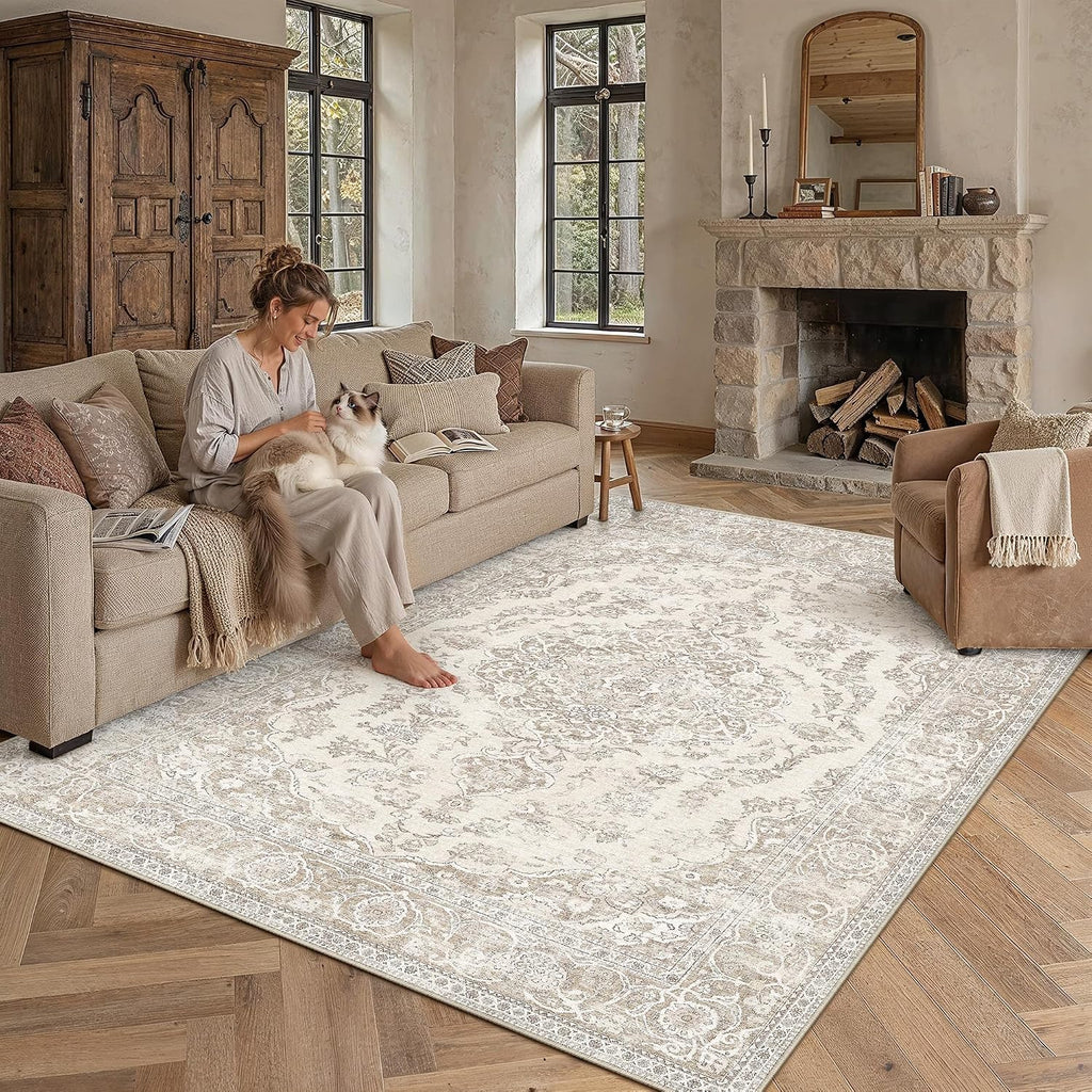 PureCozy Beige 8x10 Area Rug Washable Vintage Distressed