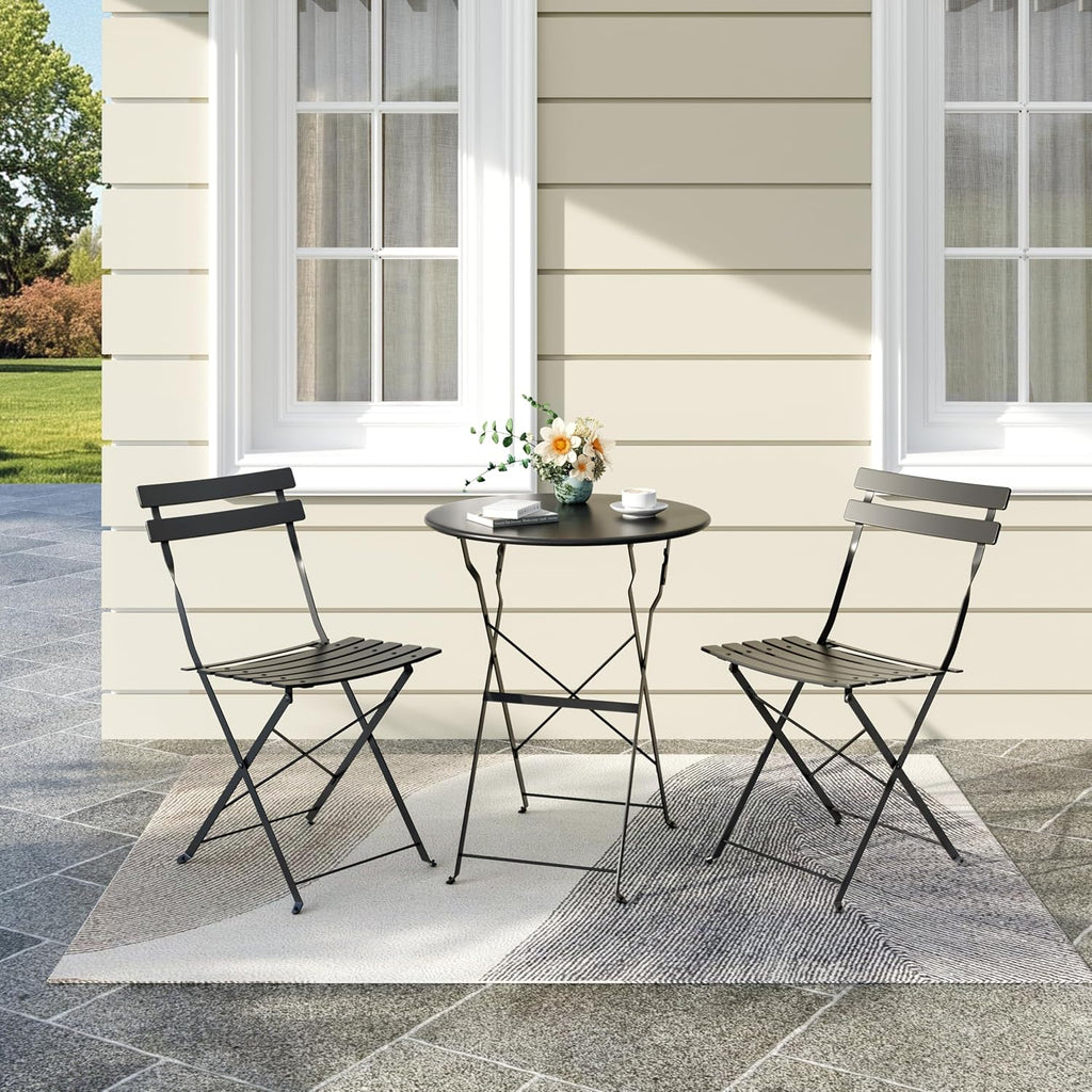 GarveeHome 3 Piece Foldable Patio Bistro Set, Compact Round Table with 2 Folding Chairs for Garden, Black