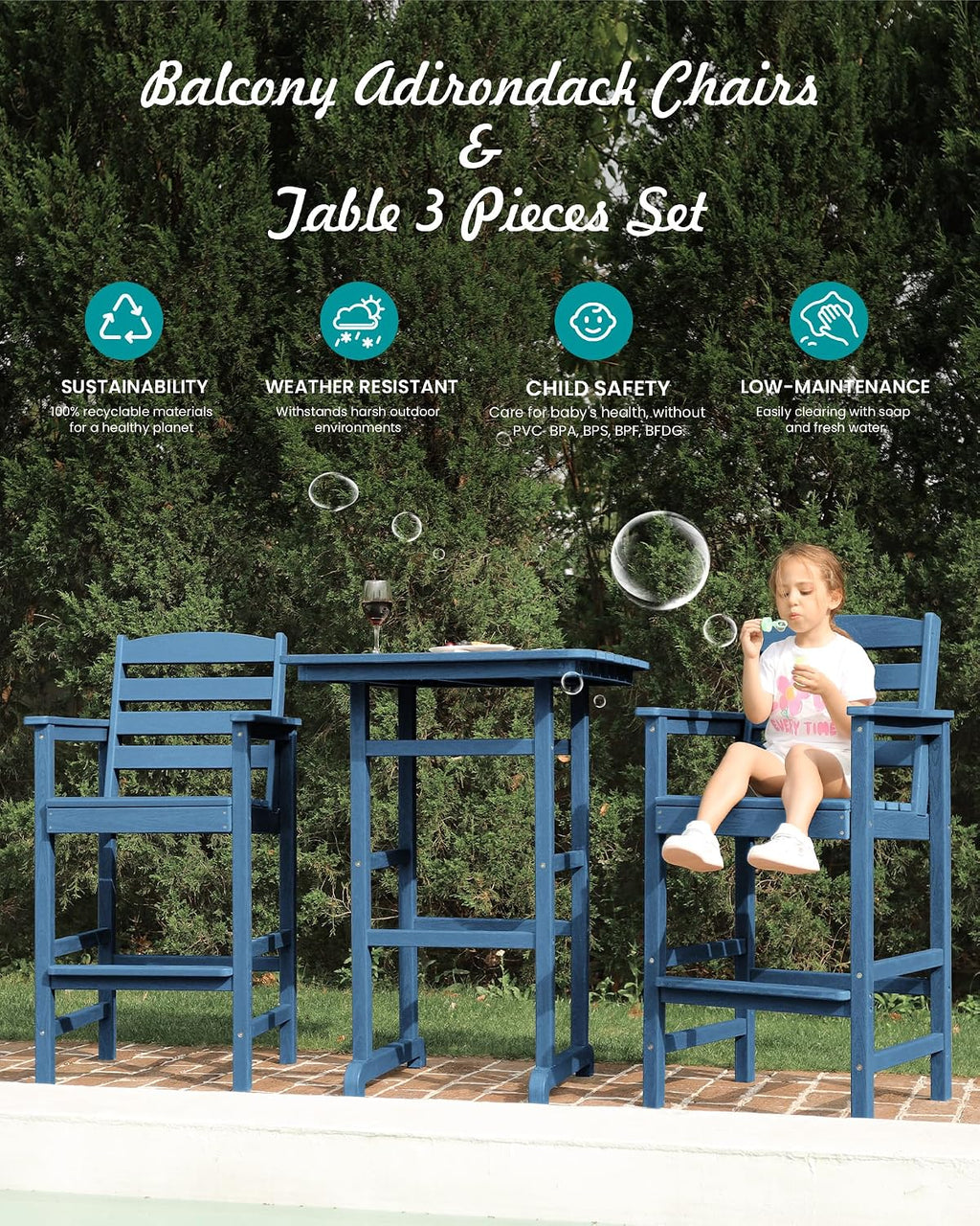 SERWALL 2-Pieces Tall Adirondack Chairs, HDPE Balcony Barstools Set, Blue