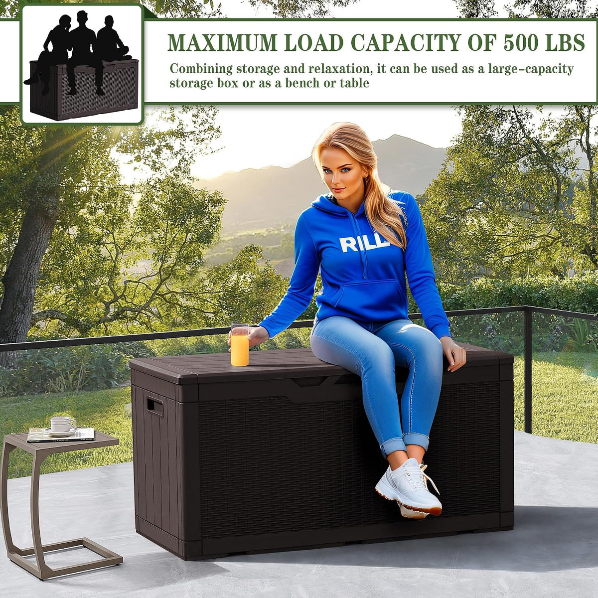 Greesum 100 Gallon Resin Deck Box Large Outdoor Storage, Imitation Rattan Weave Texture for Patio Furniture, Garden Tools, Pool Supplies, Weatherproof and UV Resistant, Lockable, Dark Brown