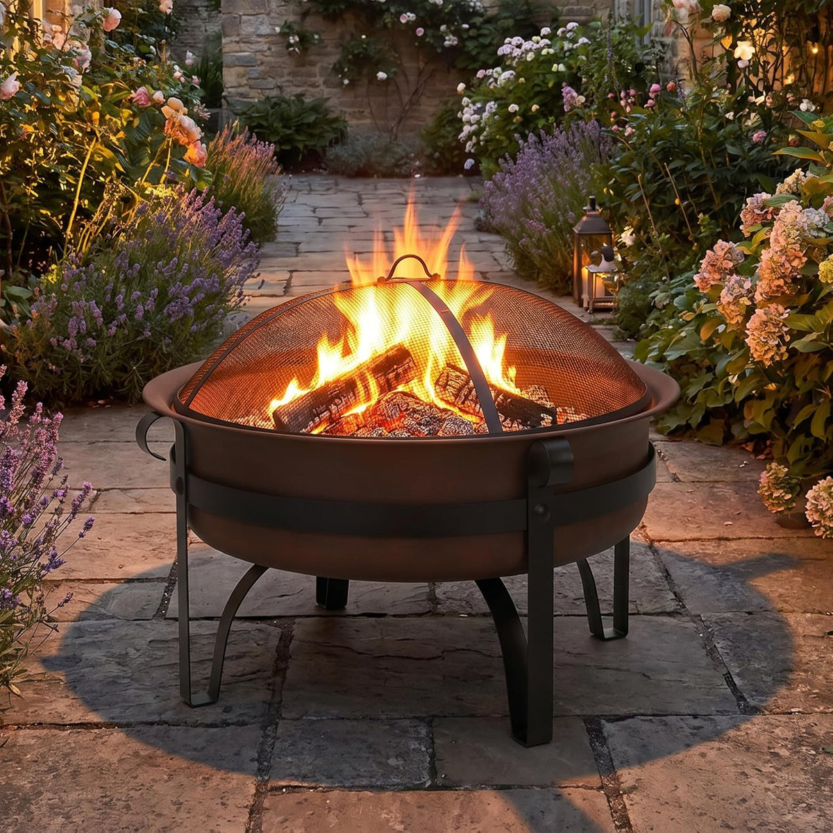 Sunnydaze Round Patio Fire Pit for Outside Wood Burning, Dark Bronze, 34"