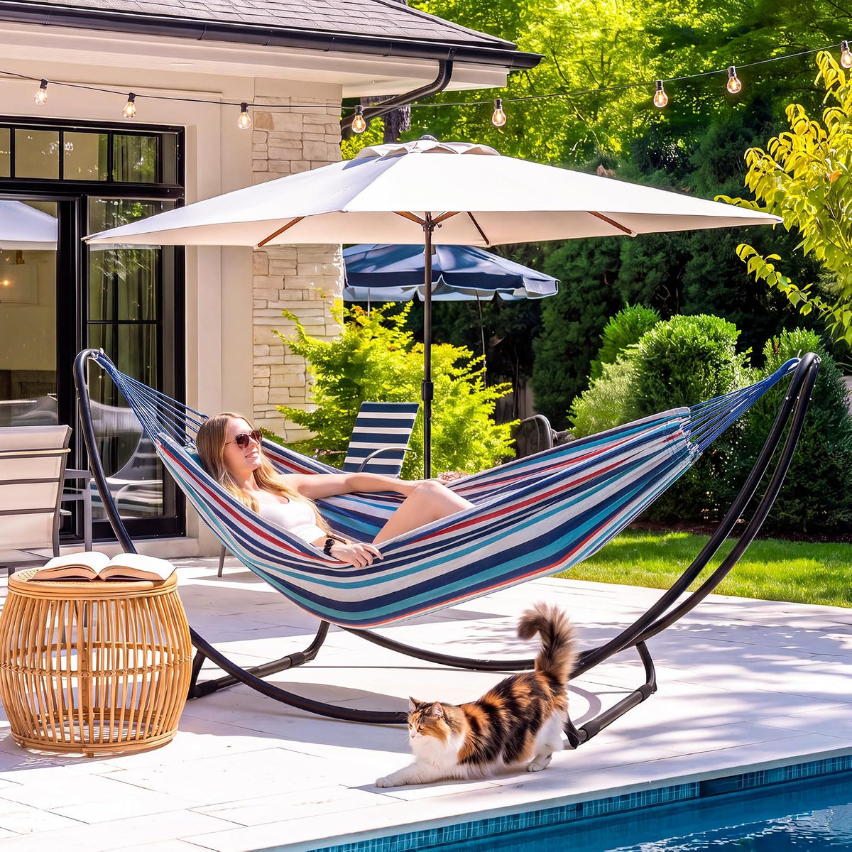SUNCREAT 2 Person Hammock with Stand, Space Saving Free Standing Hammock with Stand Included, Patent Pending, Blue Red