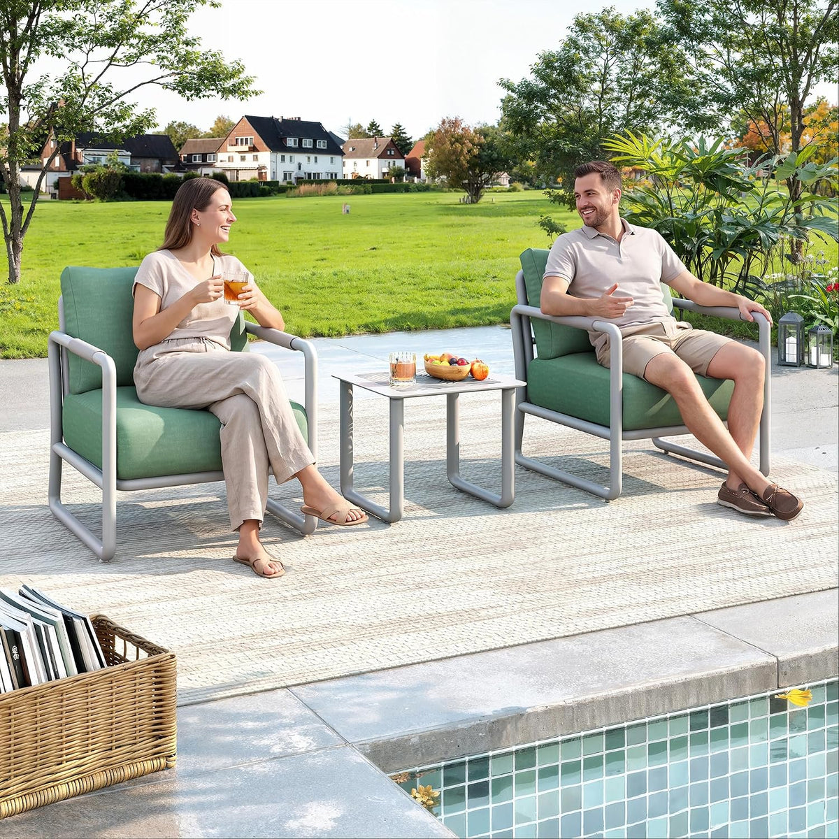 3-Piece Modern Aluminum Patio Sofa Set with Coffee Table, Deep Seating Conversation Set Featuring 6.5" Cushions, All-Weather for Garden, Balcony, Poolside (White)