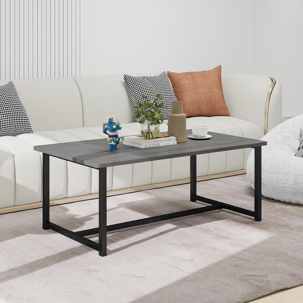 35.4" Rectangular Coffee Table for Living Room, Modern Industrial Style Coffee Table Center Table with Metal Frame for Small Space, Apartment, Office, Easy Assembly, Grey