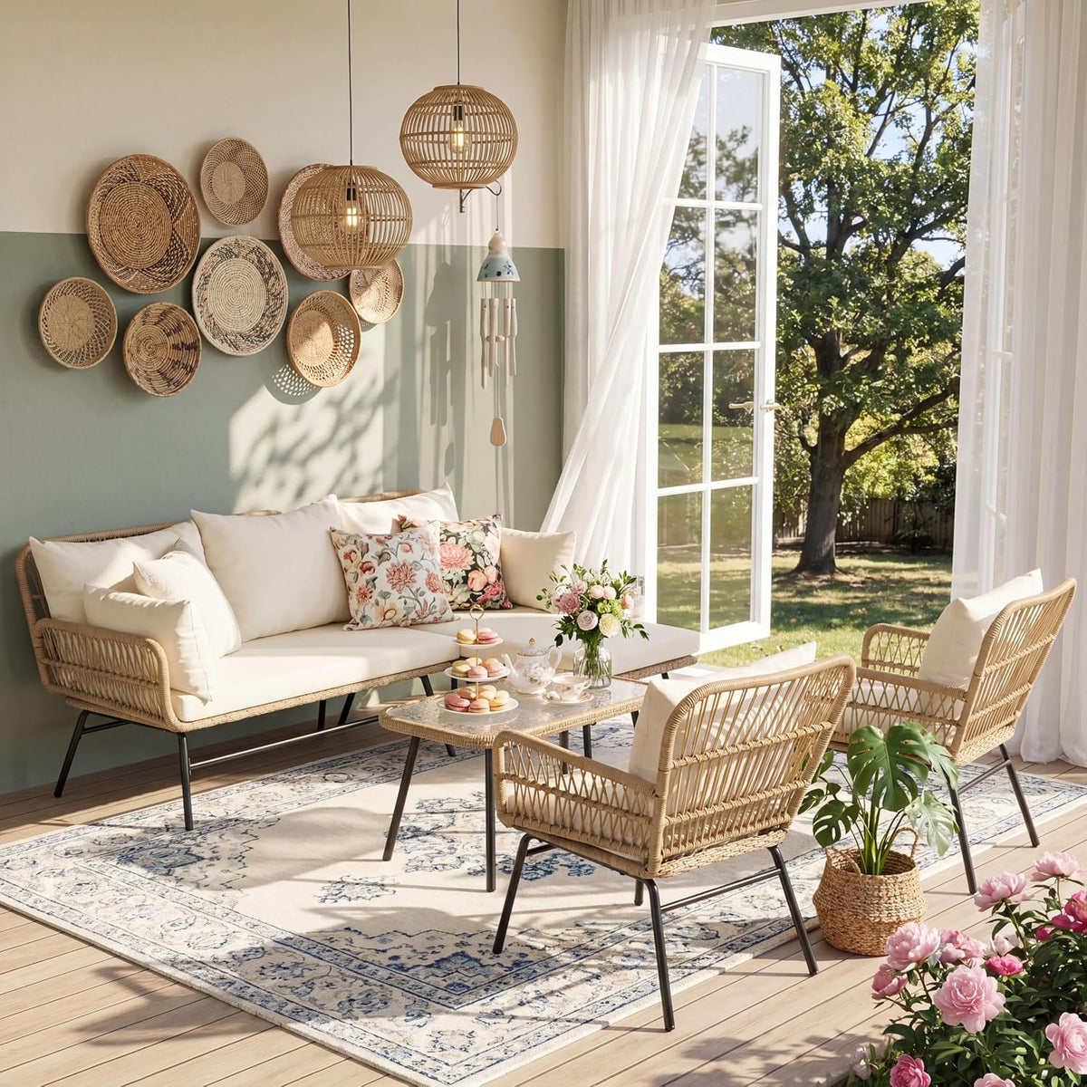 RADIATA 5 Pcs Boho Outdoor Furniture, High Back Wicker Conversation Set
