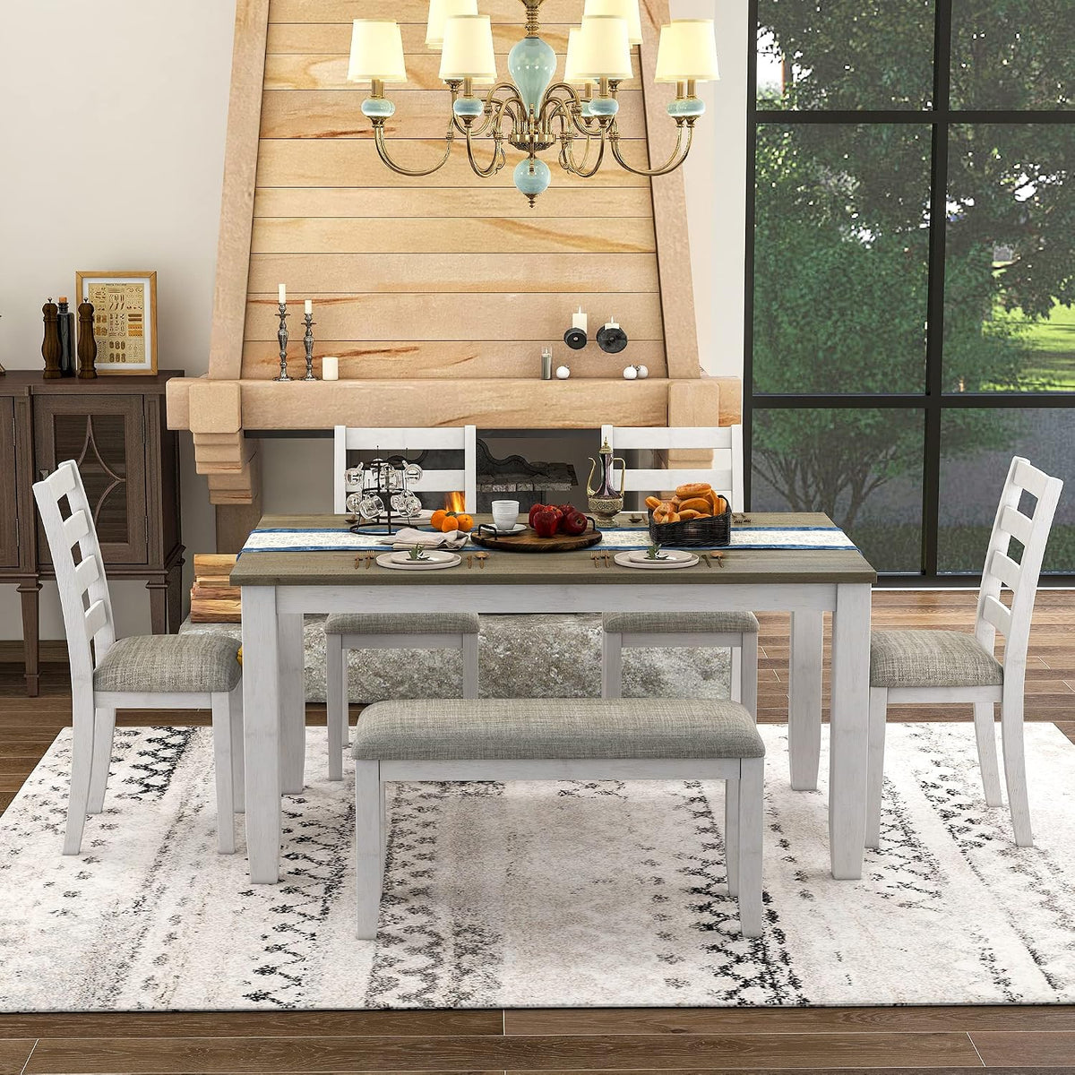 Merax 6 Piece Dining Table Set with Bench, Wooden Rectangular Dining Table with 4 Chairs & a Bench, Kitchen Dining Room Table Chairs Set (Brown + Whitewash)