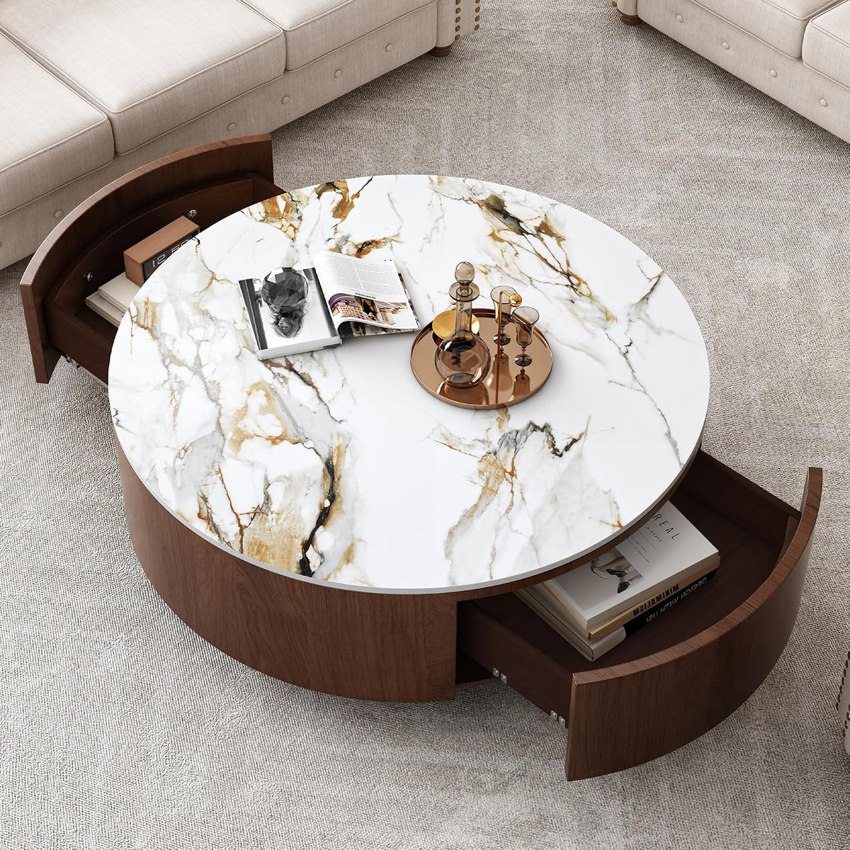 35” Round Coffee Table with Hidden Storage Drawers, Mid Century Modern Center Table with Faux Marble Tabletop & Wheels for Living Room, Home Office, Apartment, Walnut Brown+White