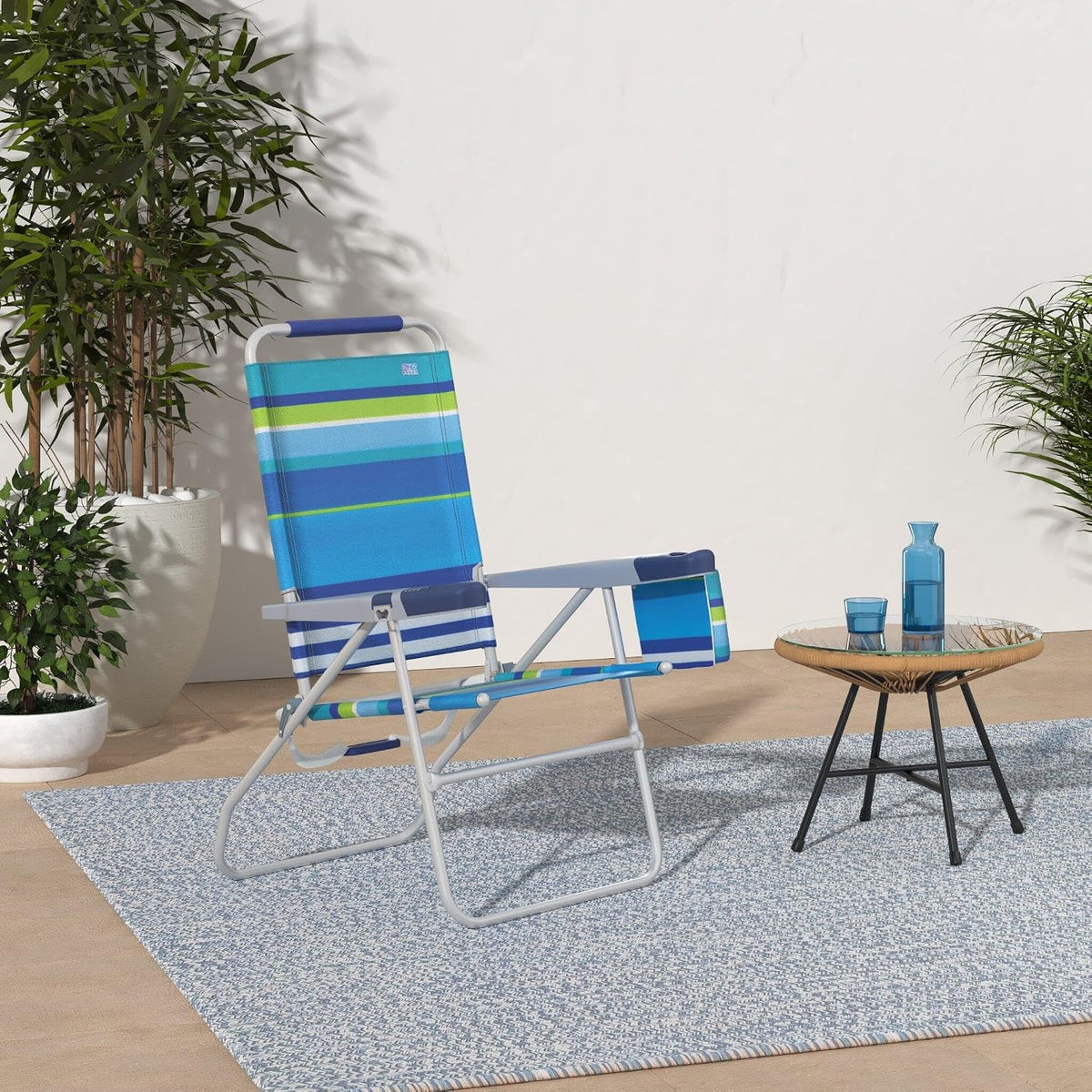 Rio Brands 17" Extended Height 4-Position Folding Beach, Camping, Lawn Chair, Blue/White/Green