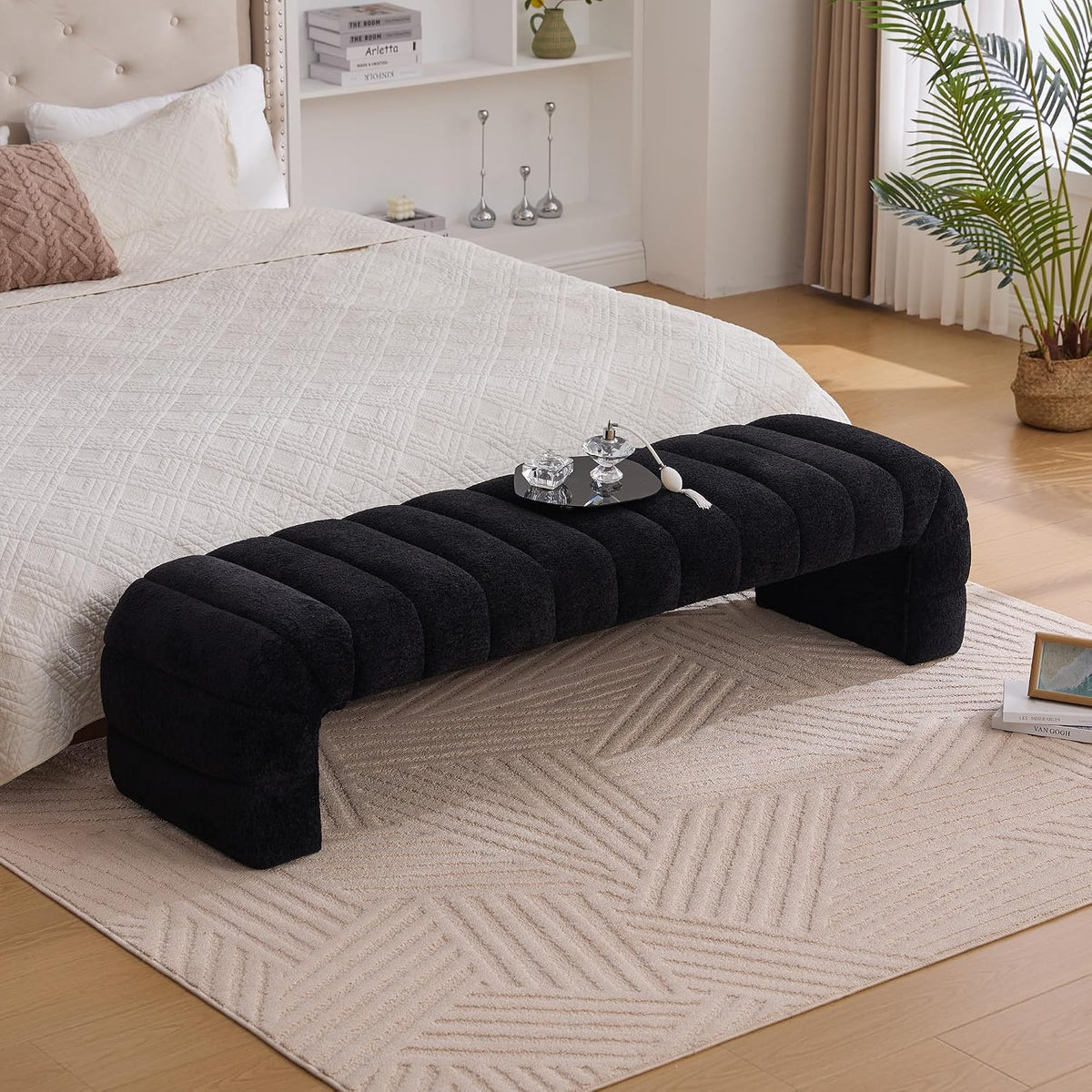 KEIKI 69.7" Modern Upholstered Armless Bed Bench, Channel Tufted Couch Daybed Chaise, Chenille Ottoman Foot Stool, Window Seat for Living Room and Bedroom, Entryway, Black