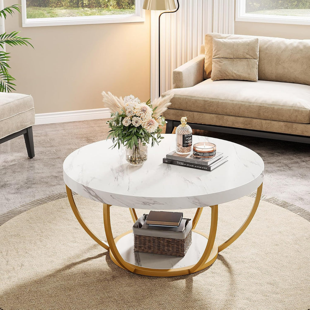 Tribesigns White and Gold Round Coffee Table, 31.7" Living Room Table