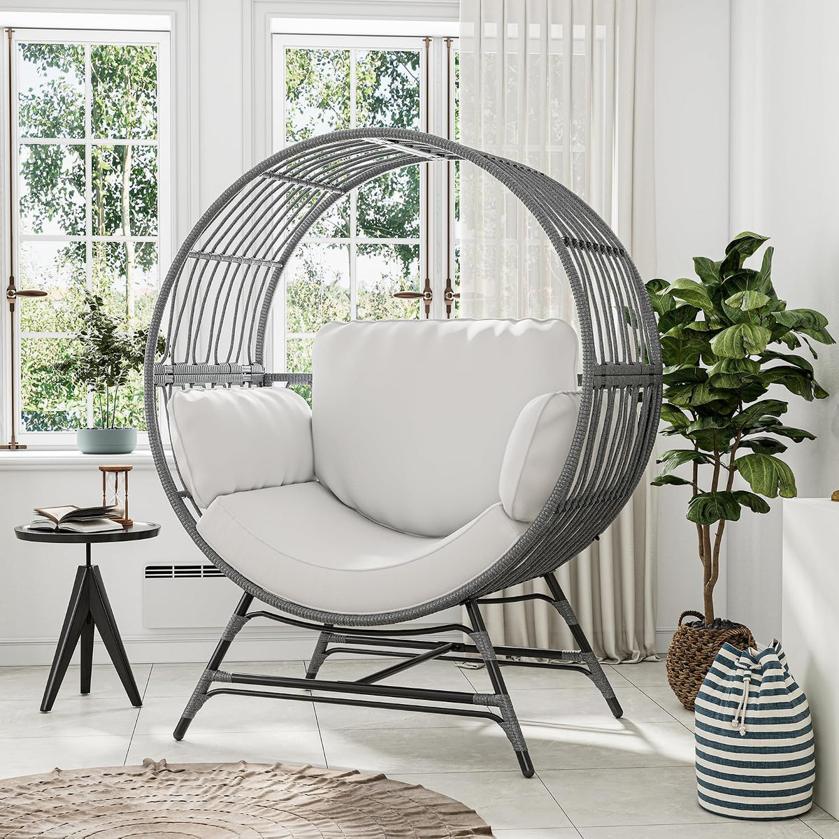 Bifanuo Oversized Egg Chair Indoor/Outdoor Rattan Hanging Basket Chair with Thickened Cushion Supports 350LBS – Wicker Patio Lounge Chair for Balcony Porch Living Room Backyard (Grey)