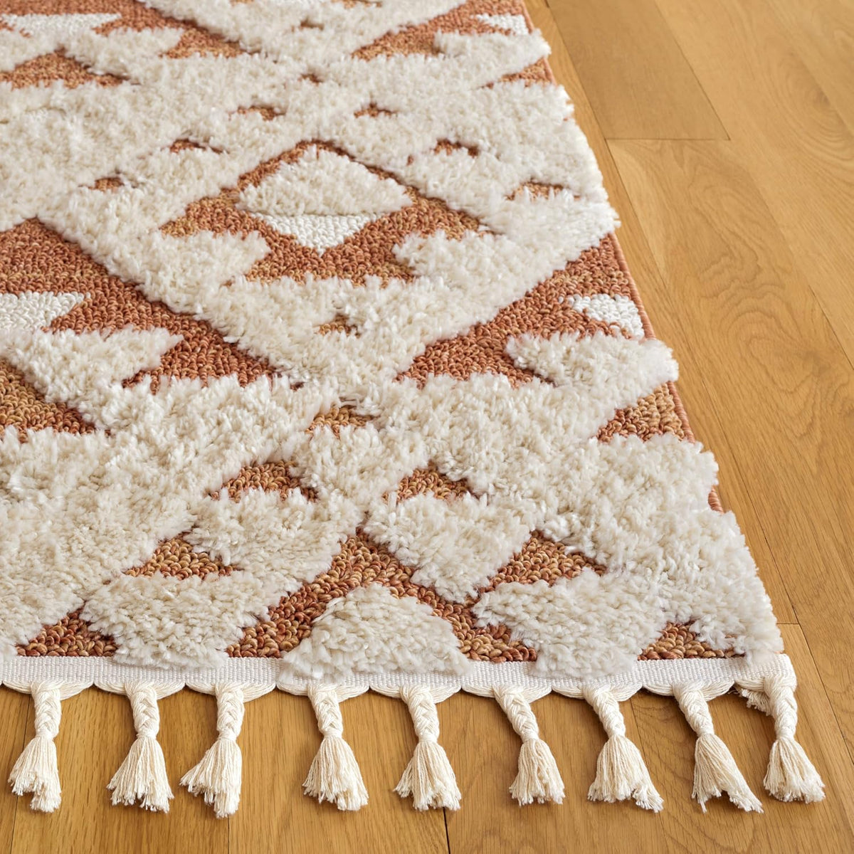 SAFAVIEH Area Rug 8x10 - Moroccan Tassel Shag Collection - Large - Ivory & Brick Rust, Non-Shedding & Easy to Clean, Plush High-Low Texture, Ideal for Living Room, Bedroom, Dining Space (MTS688P)