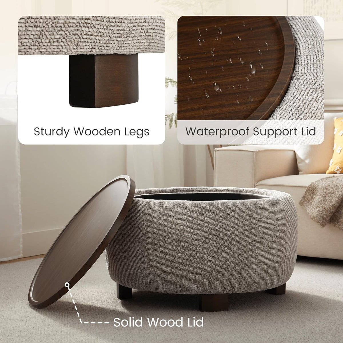 VKNOW 30 Inch Fabric Round Storage Ottoman with Wood Lift-Off Lid, Brown