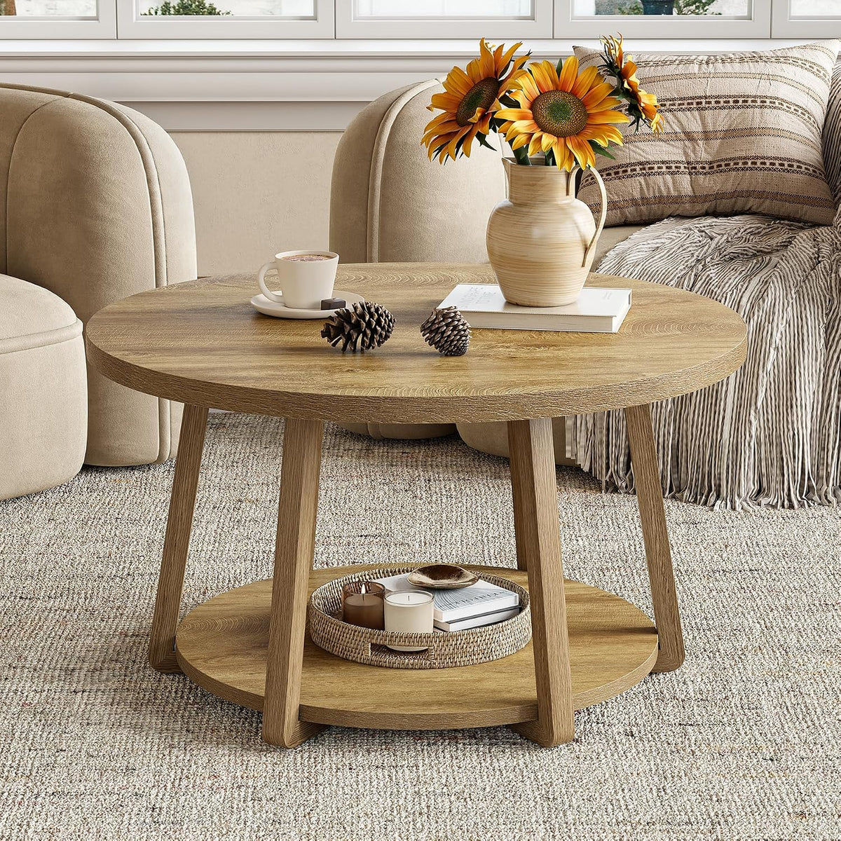 LITTLE TREE Round Coffee Table, 2-Tier Center Table with Storage