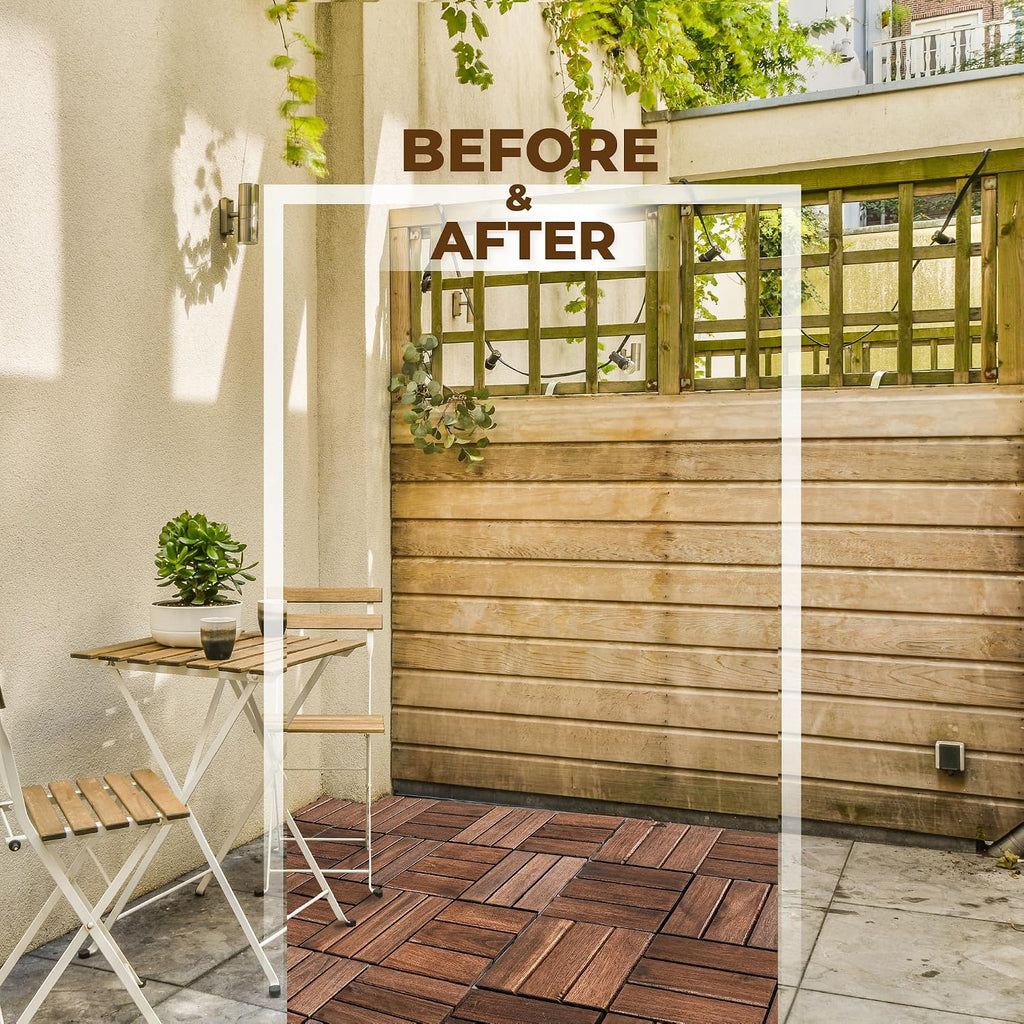 Interlocking Deck Tiles, 10 PCS 12" x 12" Acacia Wood, Dark Brown
