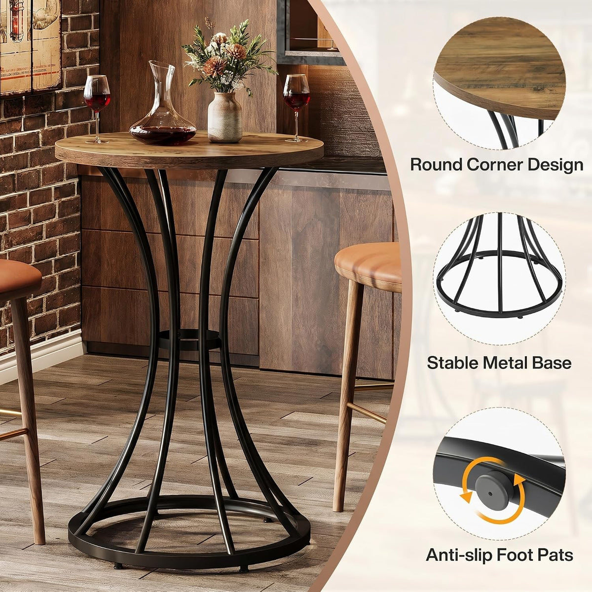 Tribesigns 37.4" H Bar Table, Round Bar Table with Curved Metal Base, Bar Height Table for Small Spaces, Living Room, Kitchen, or Apartments (Brown & Black) (1)