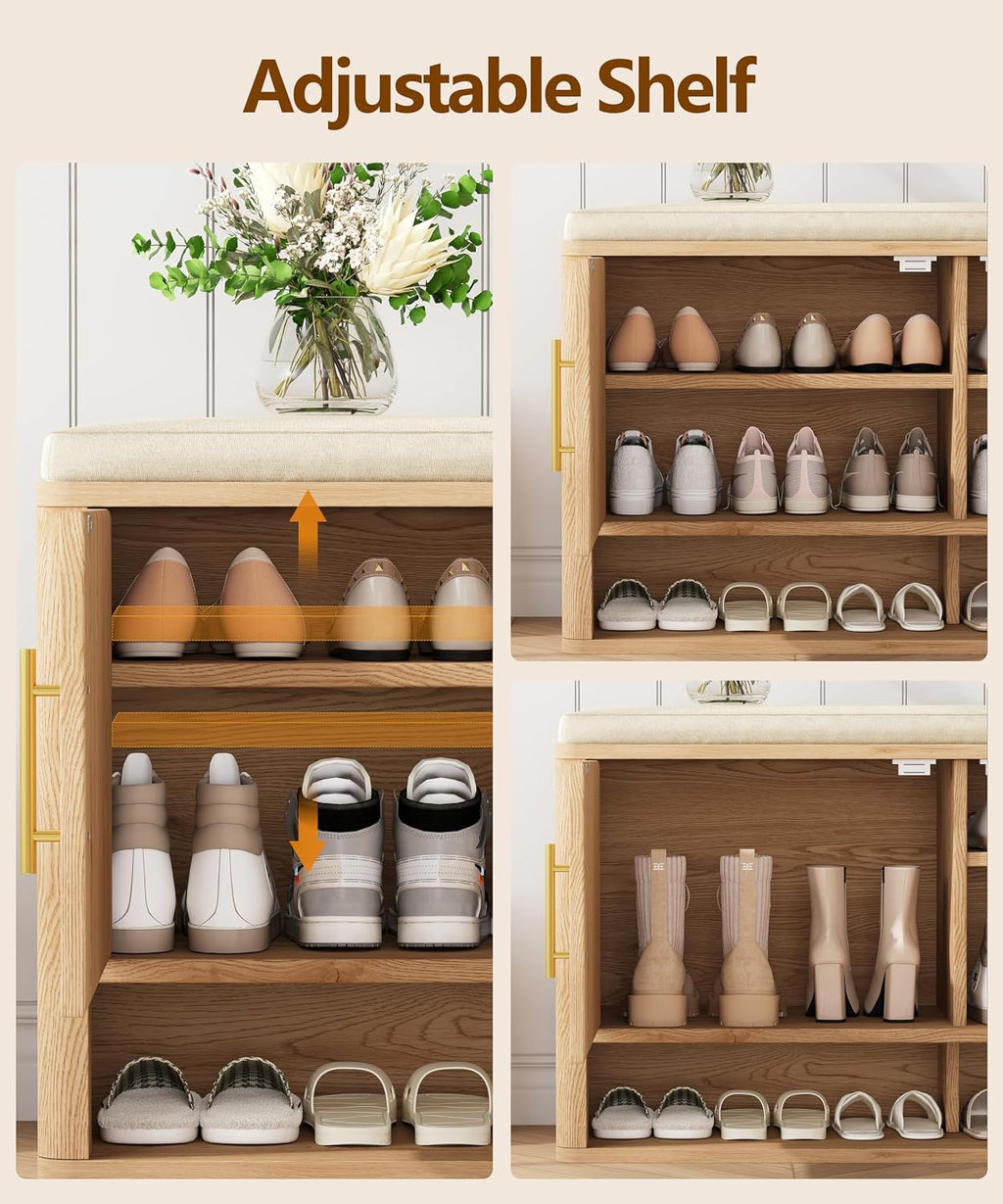 fluted shoe storage bench, entryway bench with adjustable, side view