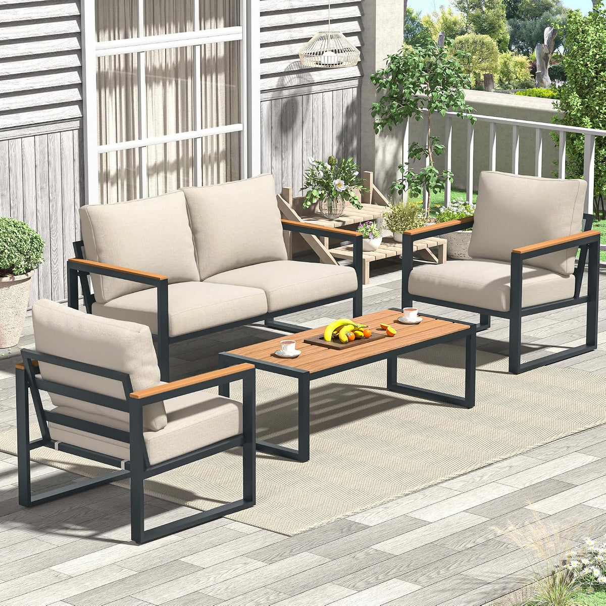 4 Pieces Metal Patio Furniture Set for Outdoor Balcony, Beige
