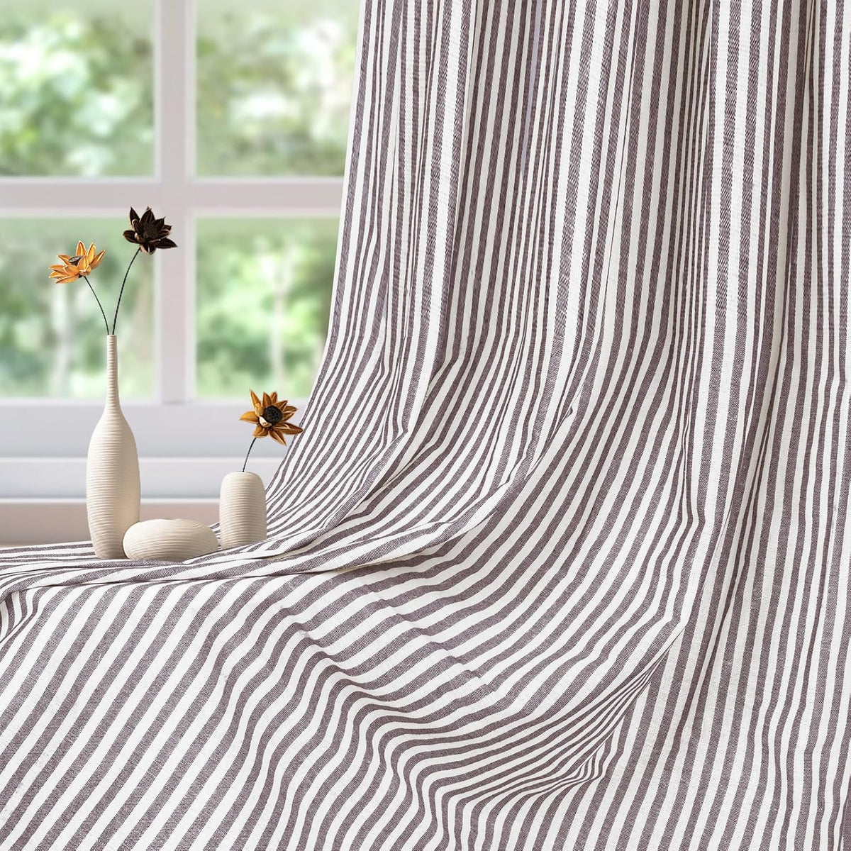 ASPMIZ Cotton Linen Farmhouse Curtains Boho Rustic Button Panel, Country Window Curtain Panels, Brown Stripe Modern Curtains for Living Room, Back Tab & Rod Pocket Curtain 52 x 63 Inch, 2 Panels