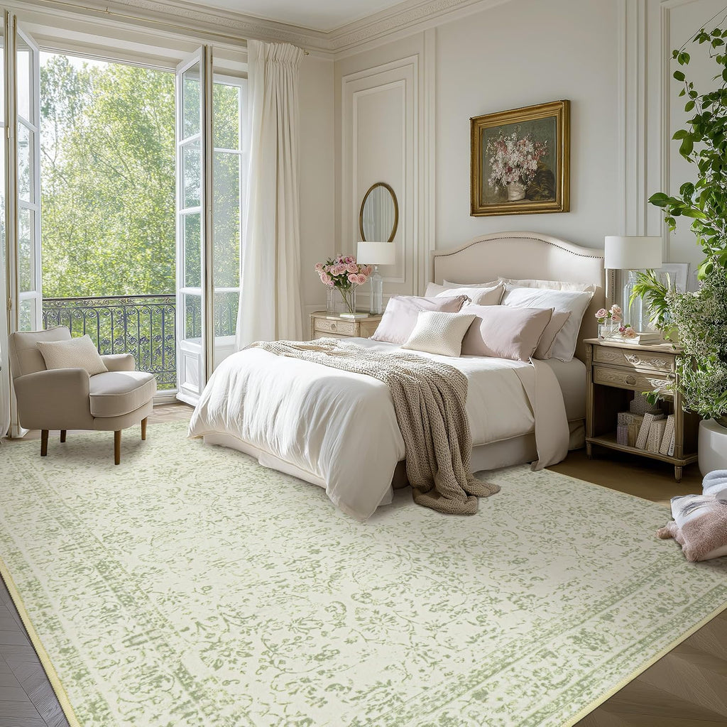 Light Green Area Rug 6x9 Floral Print Washable Throw Rugs for Living Room