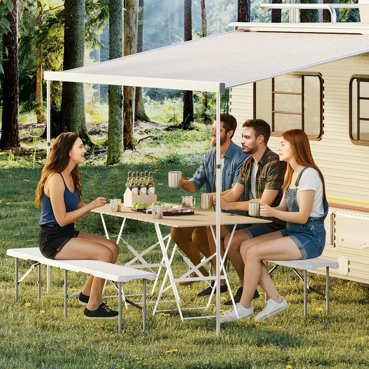 6ft folding bench, 2 pack fold-in-half portable seating shown in use