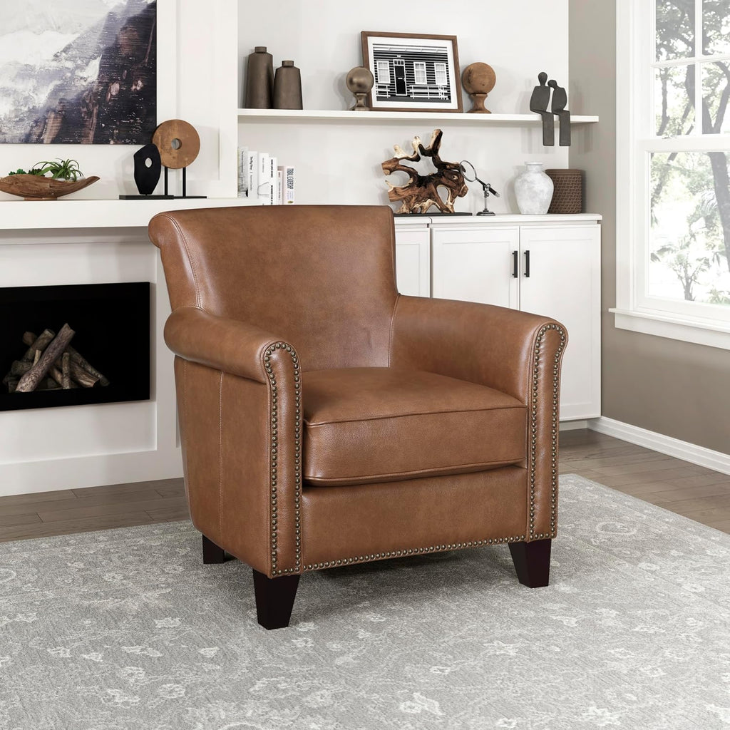 Lexicon Top Grain Genuine Leather Chair, Rolled Armrest, Brown
