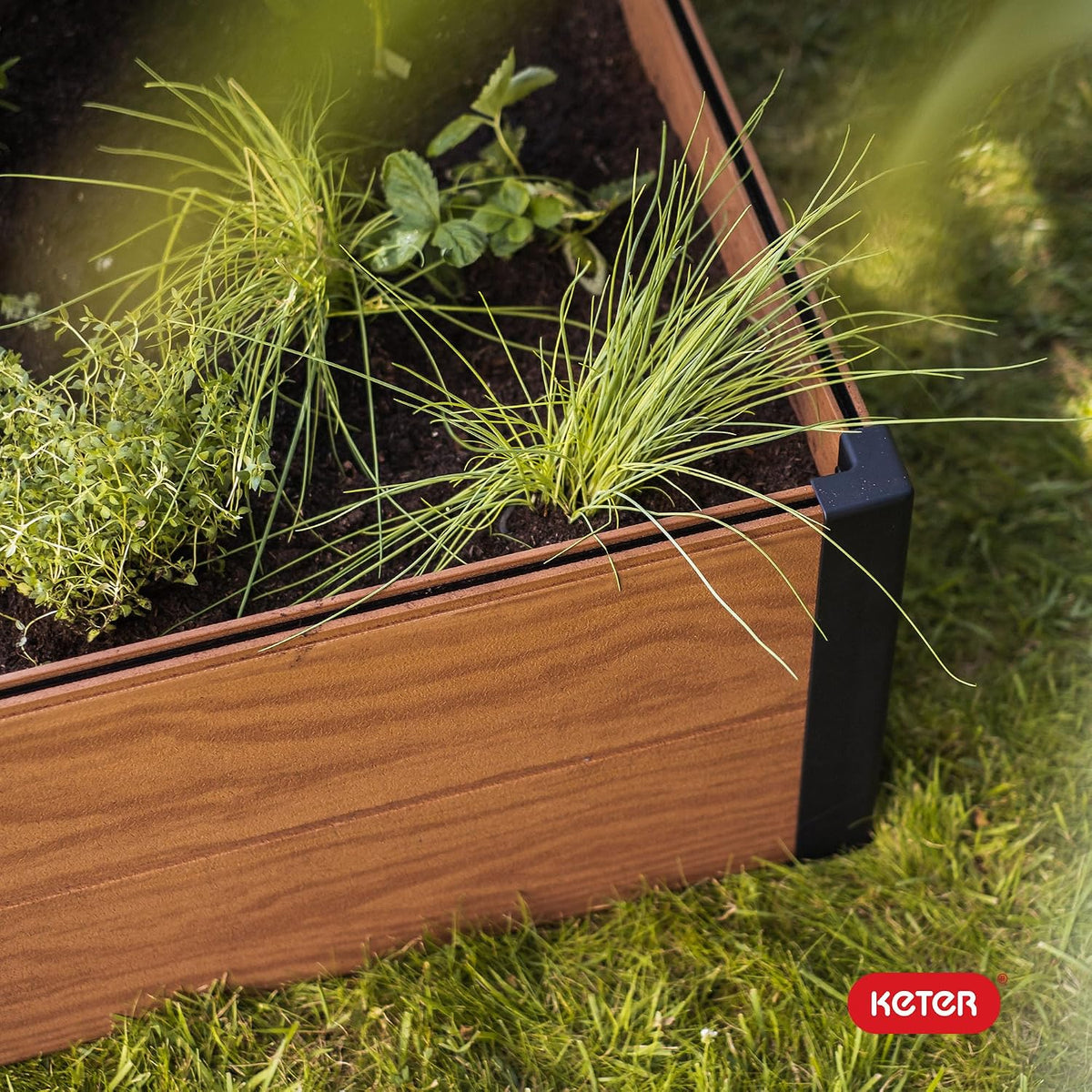 Keter 48" X 48" inches Wood Look Raised Garden Bed, Durable Outdoor Herb Garden Planter for Vegetables, Flowers, and Succulents, Brown