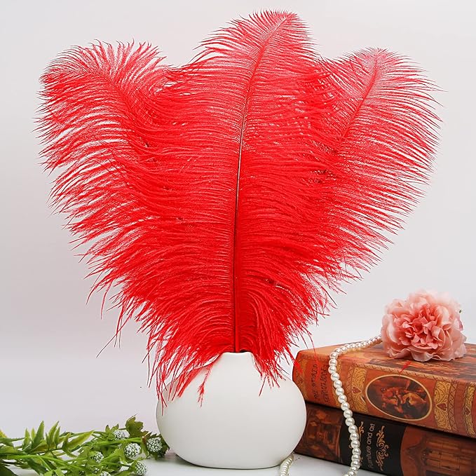 THARAHT Red Ostrich Feathers 12pcs Large Natural Bulk 16-18Inch 40cm-45cm for Wedding Party Centerpieces Halloween and Home Decoration Feathers