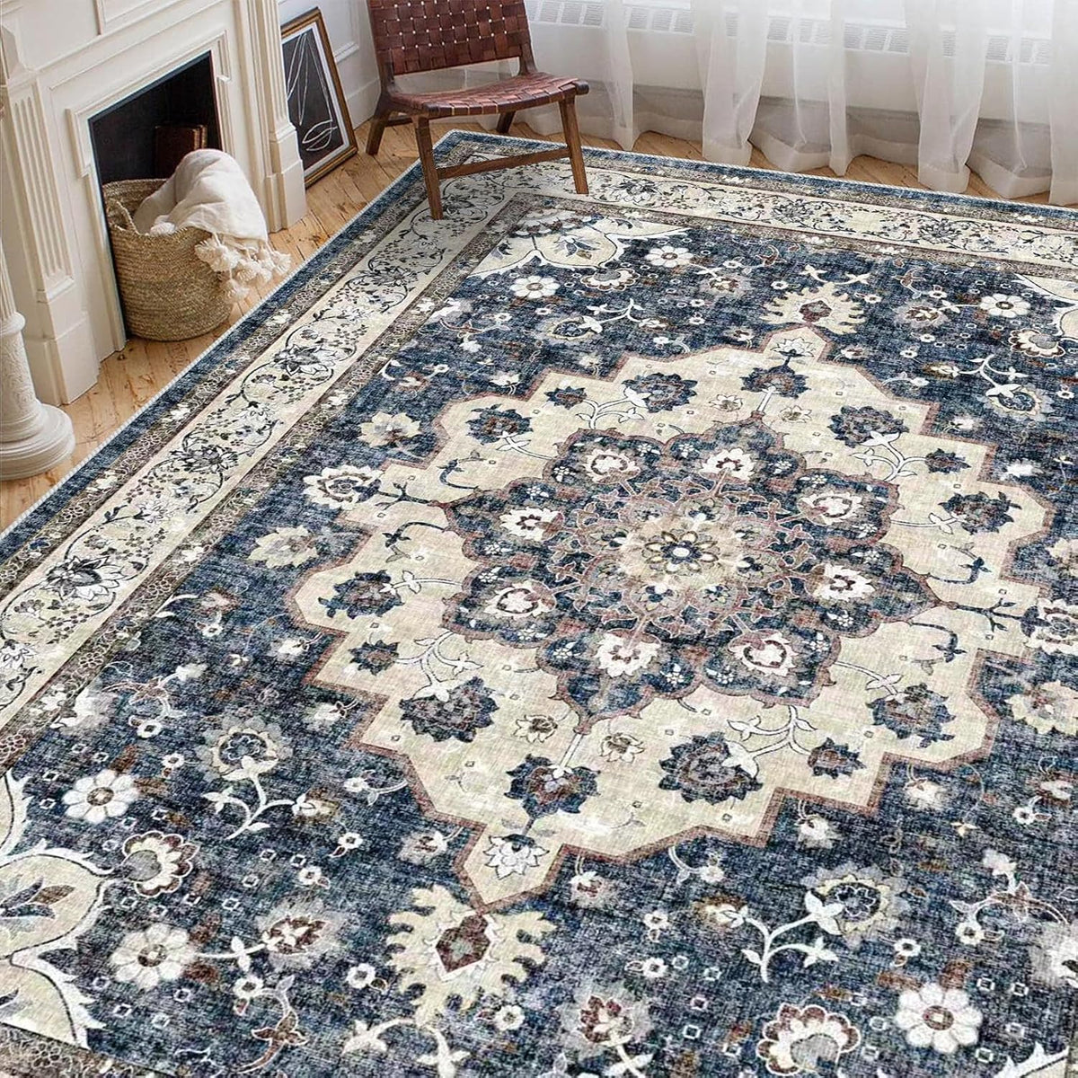 Washable Living Room Area Rug - 9 x 12 Stain Resistant Medallion Soft Bedroom Rugs Distressed Design Non Shedding Carpet for Indoor Outdoor Floor Cover Durable Easy-Clean Low Pile Rug (9x12 Blue)