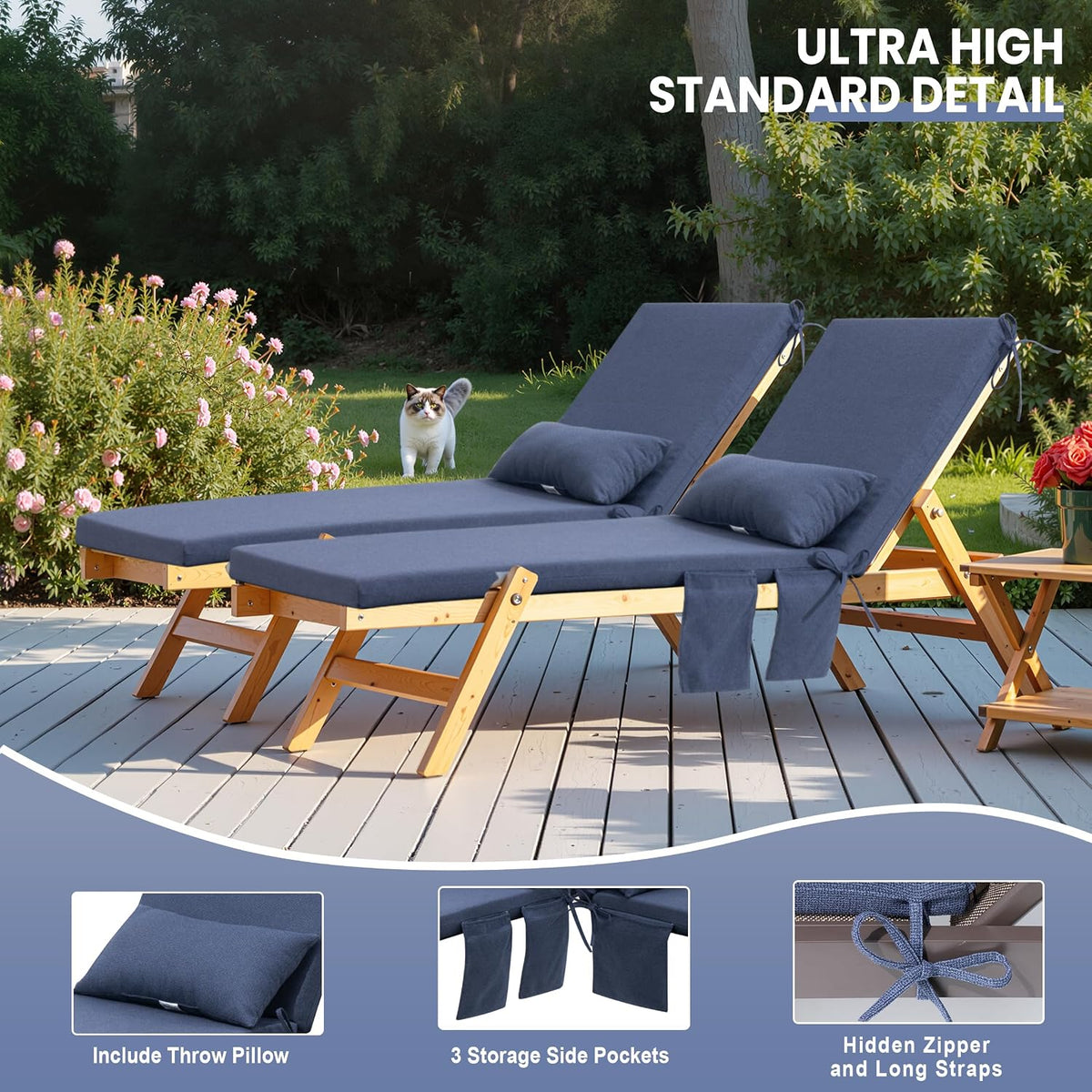 Pellebant Outdoor Lounge Chair Cushions with Pillow & Pockets, 72" x 21"