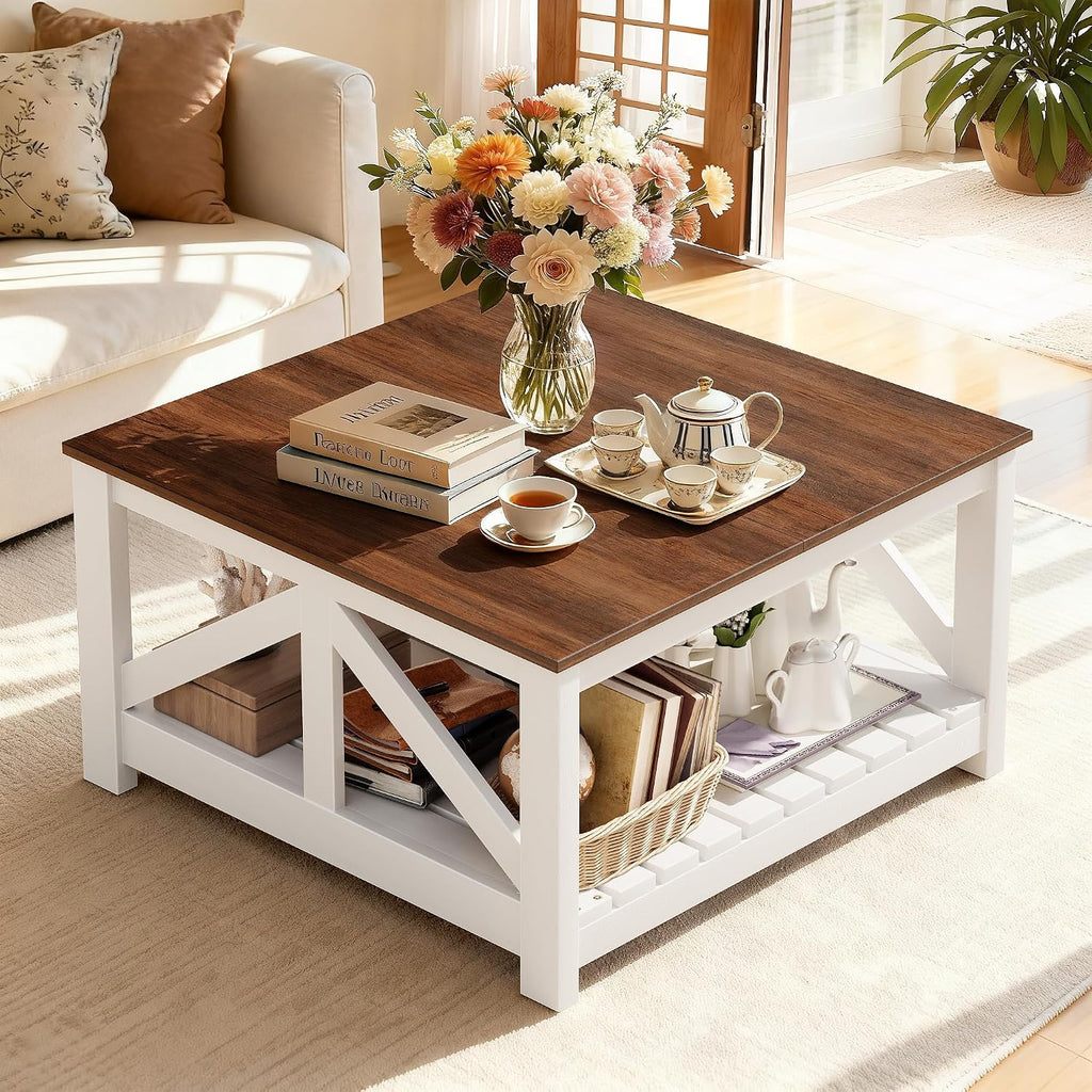 YESHOMY 31.5" Square Farmhouse Coffee Table with Storage, Brown and White