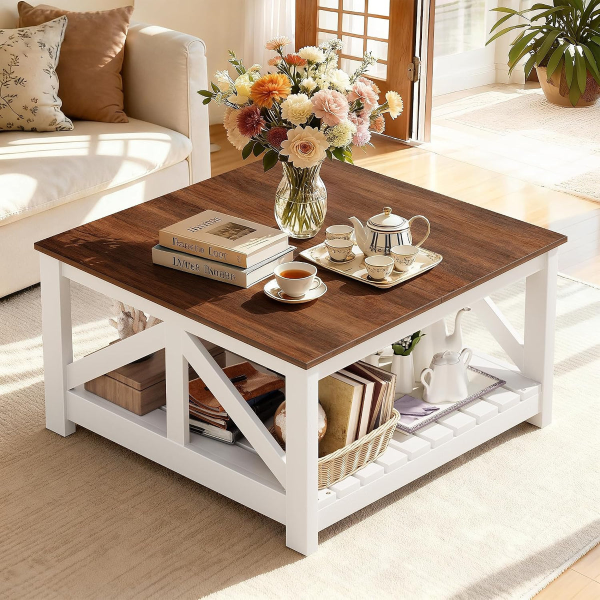 YESHOMY 31.5" Square Farmhouse Coffee Table with Storage, Brown and White